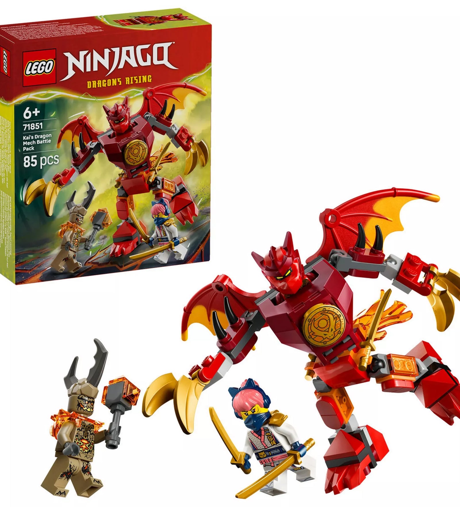 A LEGO NINJAGO Kai’s Dragon Mech Battle Pack tartalma a dobozzal együtt, dinamikus harci pózban elhelyezett figurákkal.