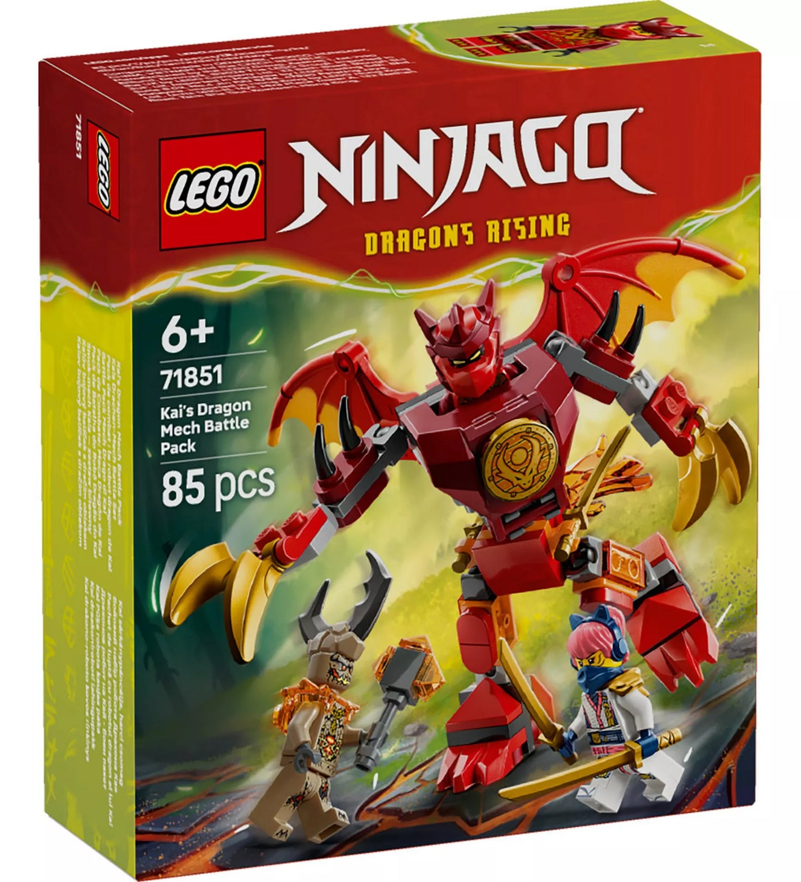 LEGO NINJAGO 71851 Kai’s Dragon Mech Battle Pack dobozának elölnézete, a piros sárkány mech és a minifigurák akciójelenetével.