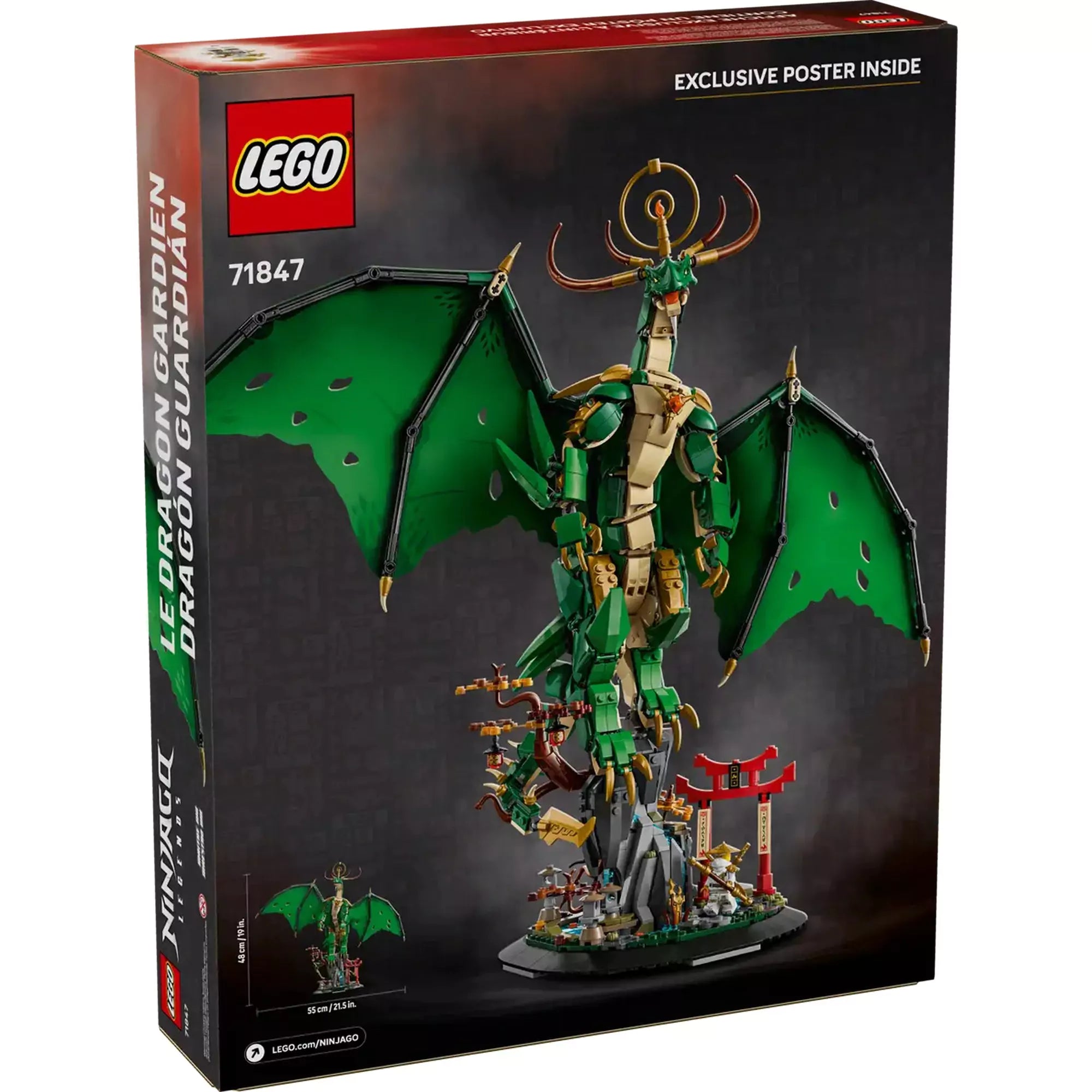  A LEGO NINJAGO Az Őrsárkány (71847) doboznézete hátulról vörös háttérrel, a sárkány és dioráma teljes pompájában, 1650 elemet és a 14+ korosztályt jelölve.