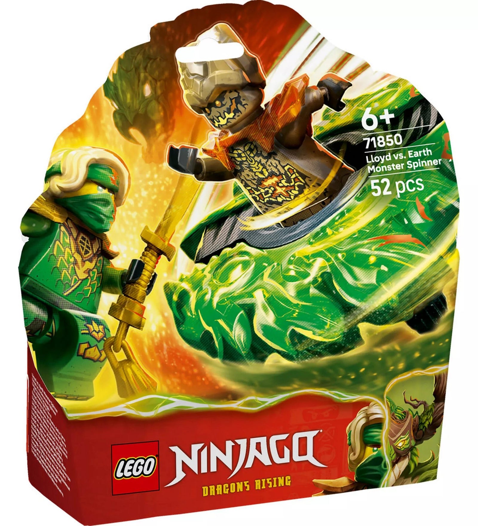LEGO NINJAGO Dragons Rising Lloyd vs. Föld Szörny Pörgettyű (71850) készlet doboza, pörgő akciójelenettel és minifigurákkal.