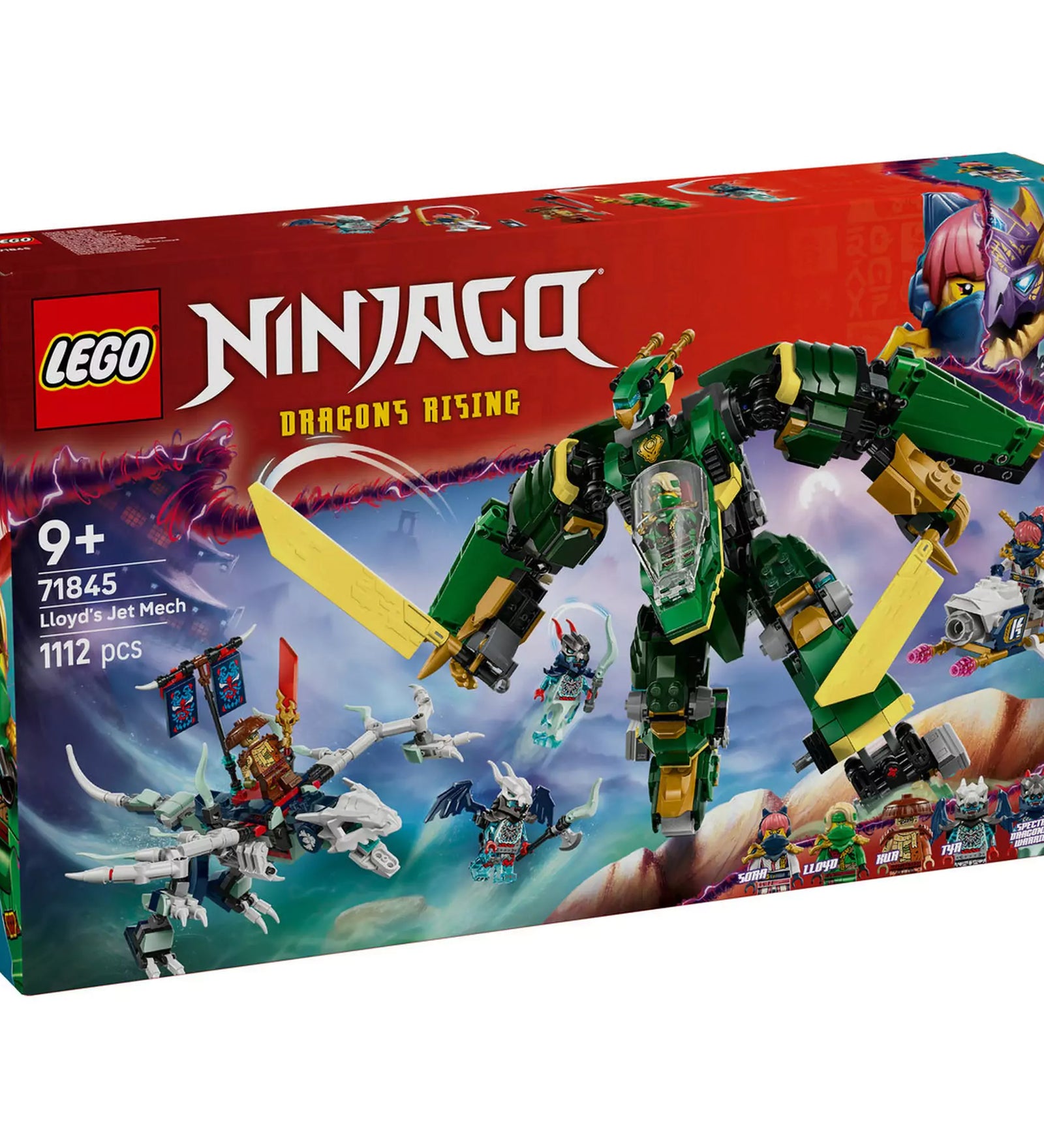 LEGO NINJAGO Lloyd sugárhajtású robotja (71845) doboz, rajta a zöld és arany színű robot, sárkány és minifigurák akciójelenetben.