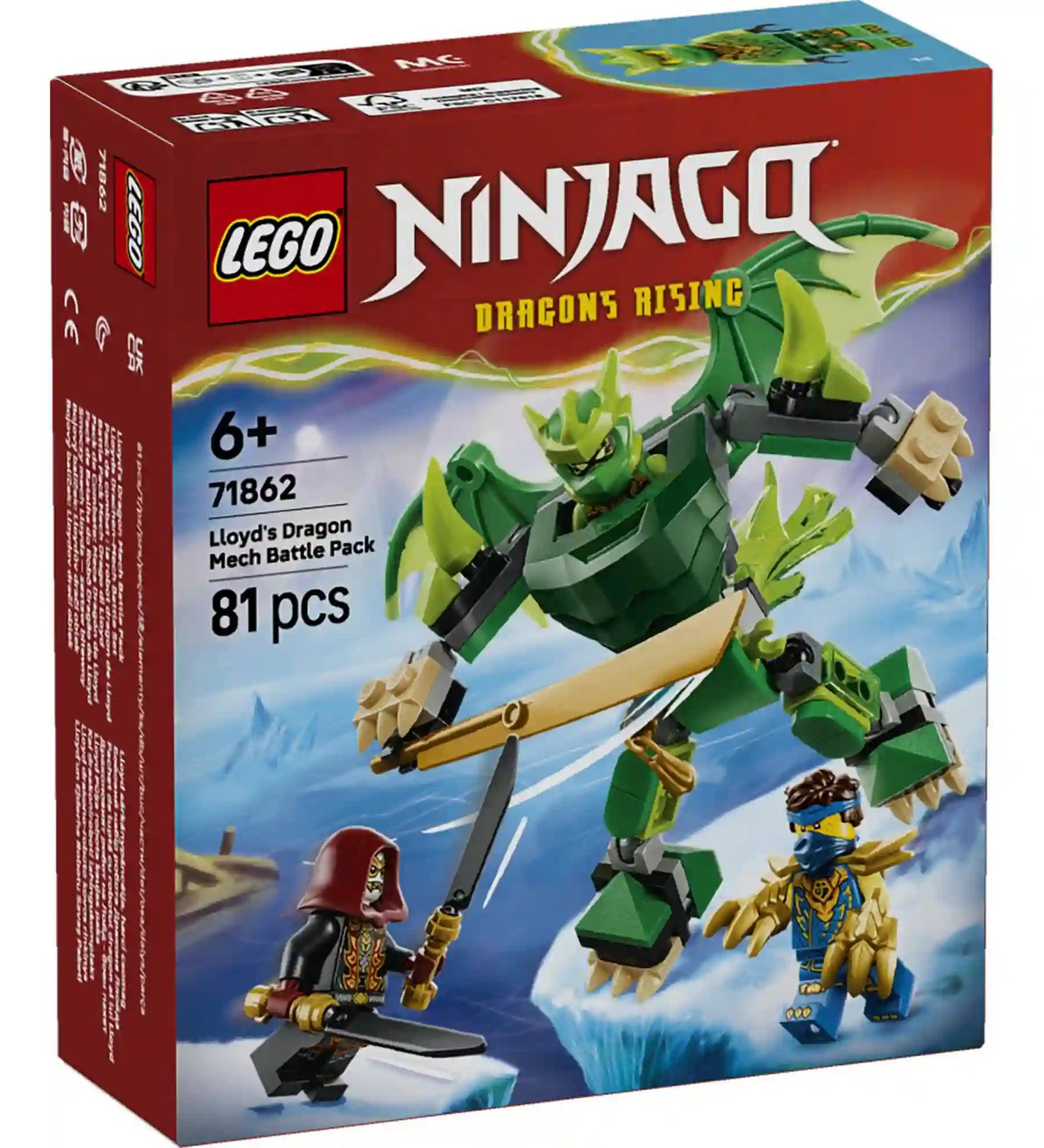 LEGO NINJAGO Dragons Rising Lloyd sárkánypáncélja, harci csomag 71862 dobozképe zöld sárkányrobottal és három minifigurával.