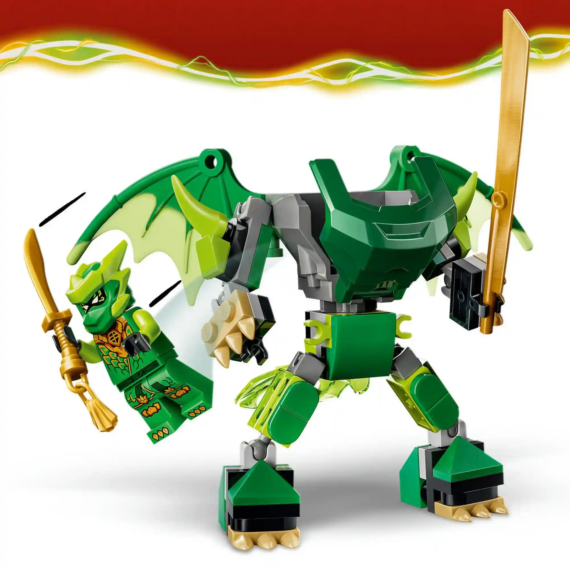 LEGO NINJAGO 71862 mozgatható zöld sárkányrobot karddal és szárnyakkal, Lloyd minifigurával a robot pilótafülkéjéből kilépve.