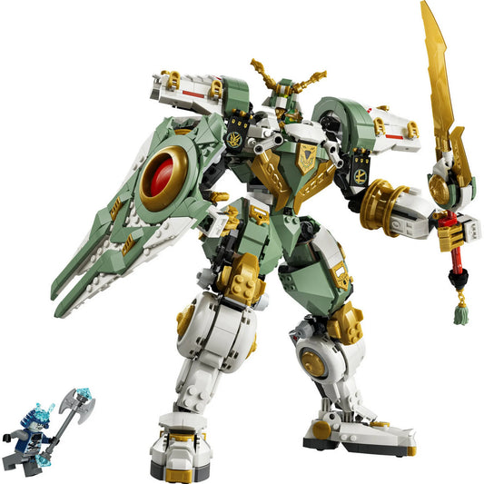 LEGO Ninjago: Lloyd titánpáncélja a 15. évfordulóra 71860, 1293 darabos – Lloyd hatalmas zöld-arany titán mech páncélja karddal és pajzzsal, mellette egy jég harcos minifigura.