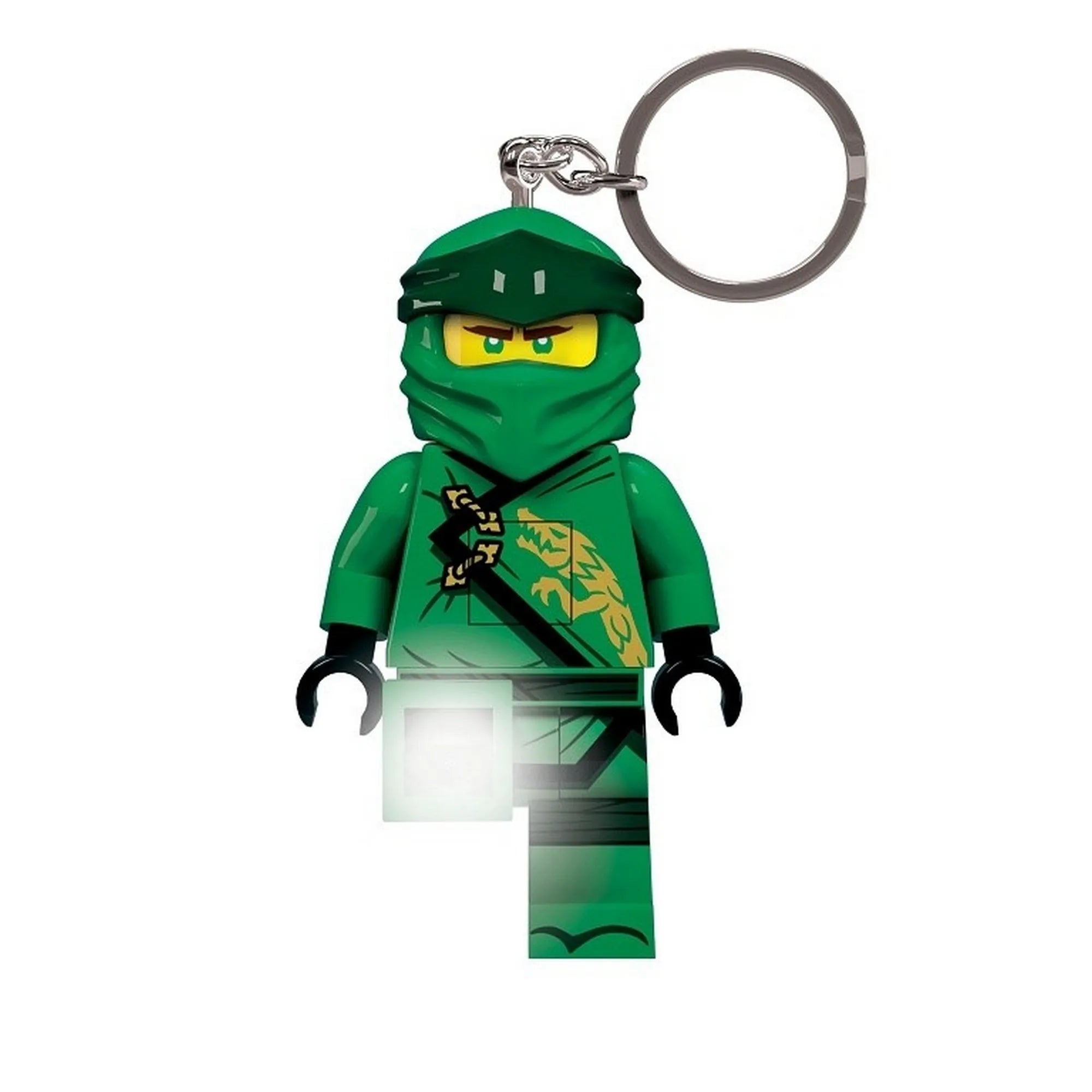 Zöld ruhás LEGO NINJAGO Lloyd világító kulcstartó, amelynek egyik lábából fehér fény világít. A minifigura részletes, arany sárkánymintás felsőt és ninja maszkot visel.