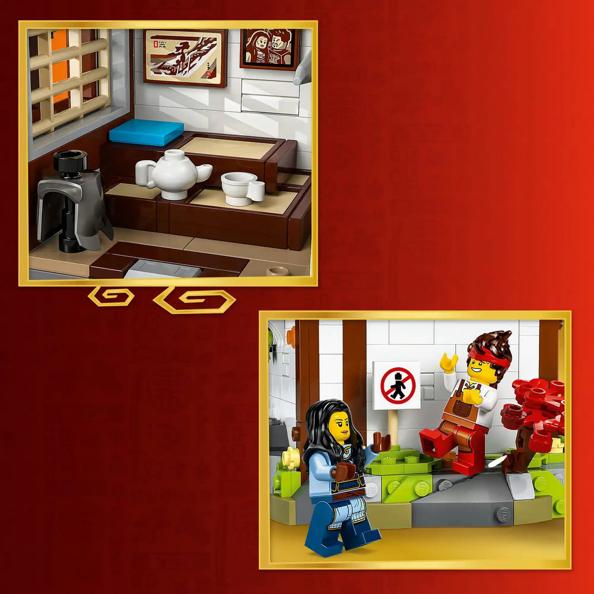 LEGO NINJAGO: Négy Fegyver Kovácsműhely, 15. évforduló belső részletek, teasarok és minifigurás jelenet közelről.