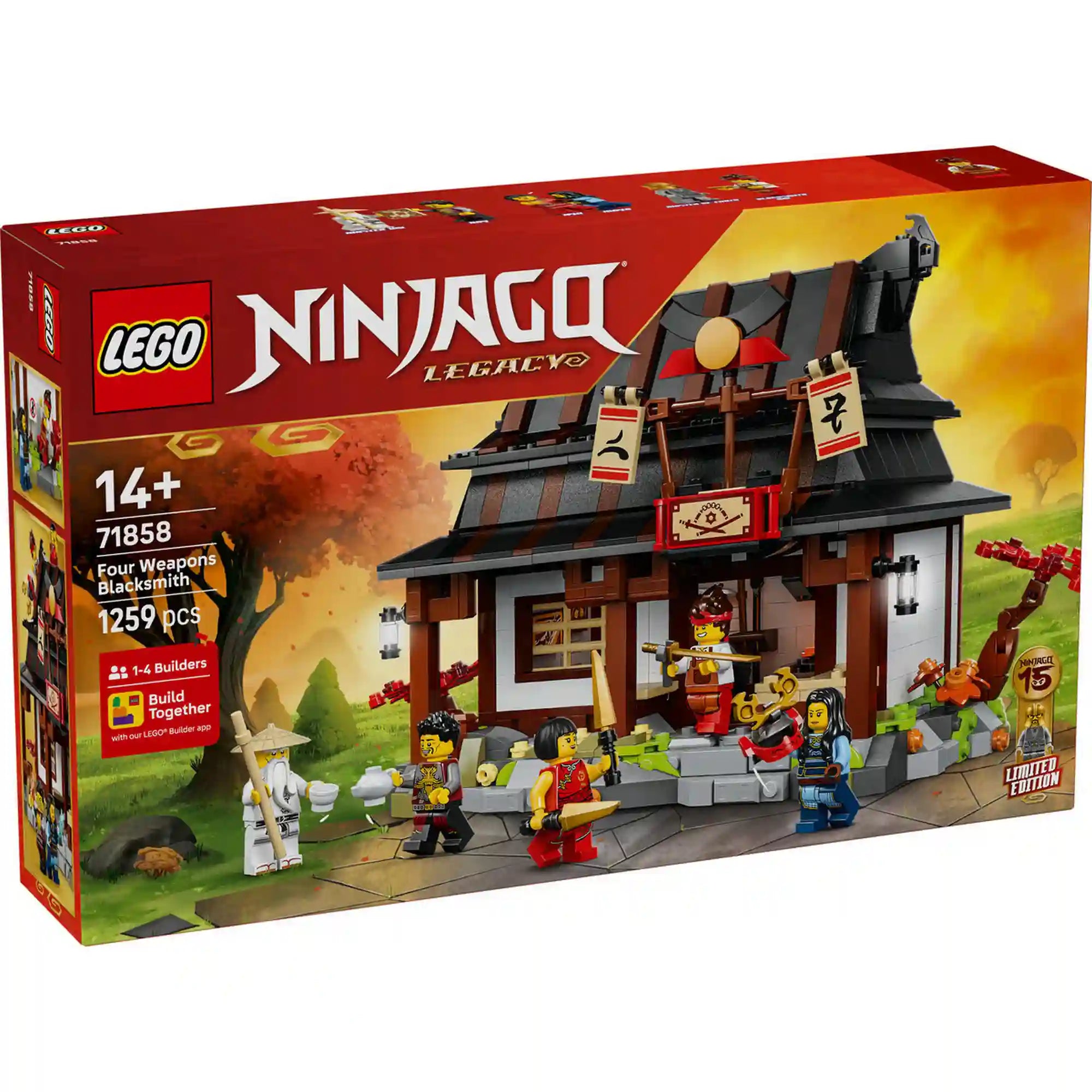 LEGO NINJAGO: Négy Fegyver Kovácsműhely, 15. évforduló doboz eleje, készlet és minifigurák látványos grafikával.