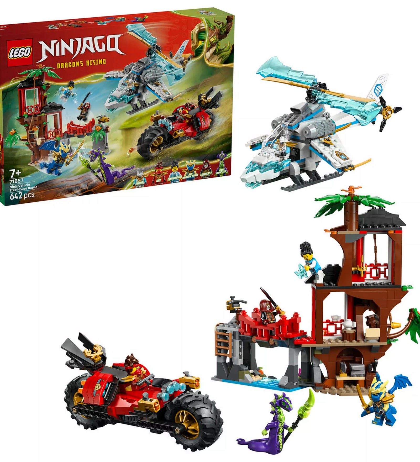 A LEGO NINJAGO 71857 készlet doboza és a megépített modellek fehér háttéren: a lombház, a helikopter, a piros ninja motor és a minifigurák külön-külön bemutatva.