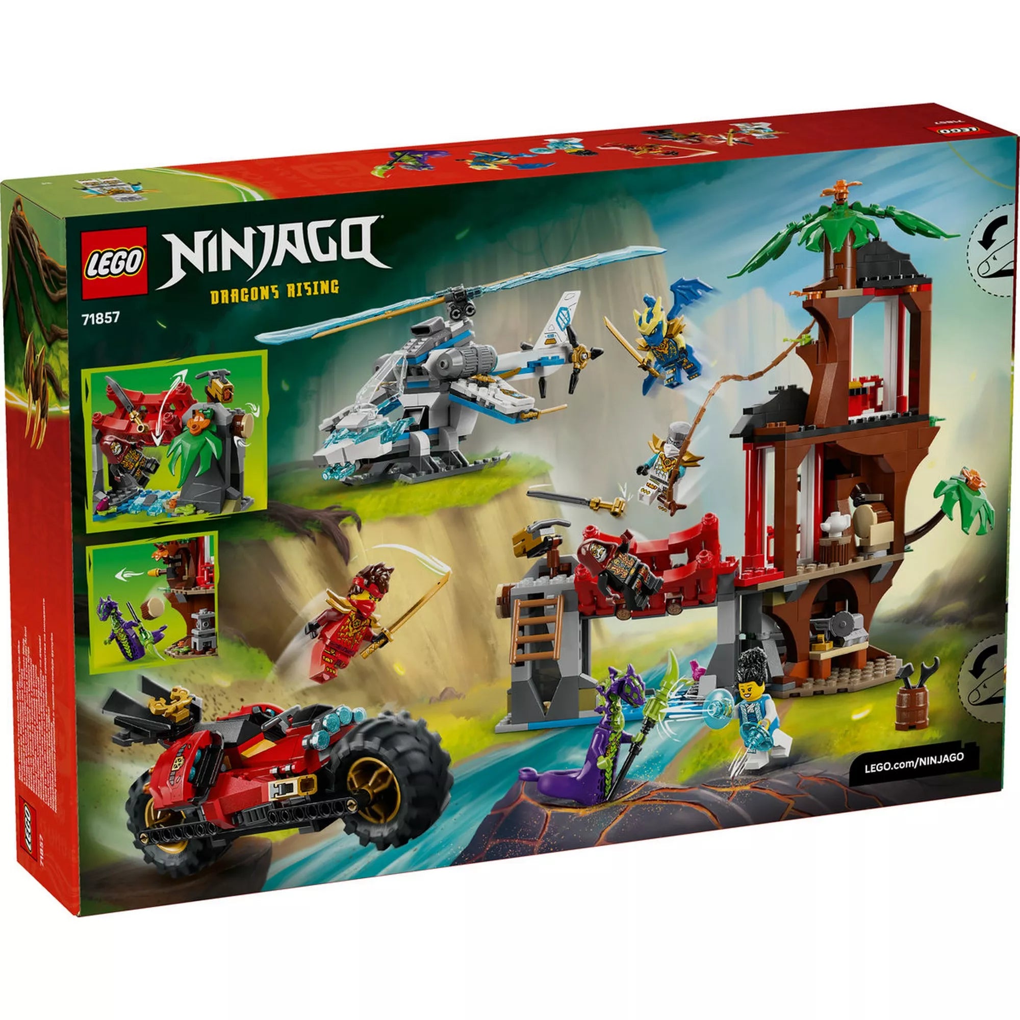 A LEGO NINJAGO 71857 készlet dobozának hátoldala, a lombház részletes belső tereivel, a forgó híddal, csapdákkal, valamint a helikopter és a ninja motor funkcióinak bemutatásával.