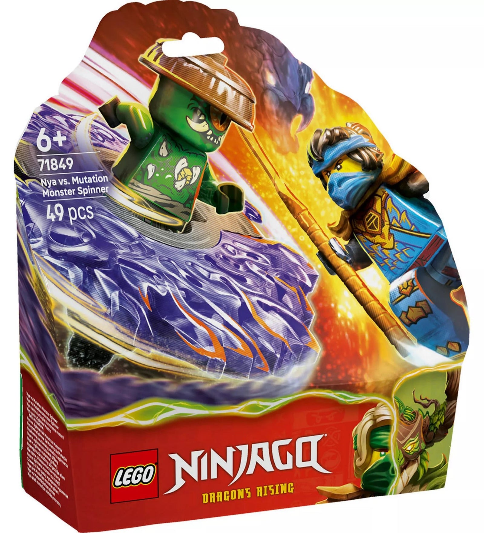 LEGO NINJAGO Dragons Rising 71849 Nya vs. Mutation Monster Spinner készlet doboza, pörgettyűs csatajelenettel és minifigurákkal.