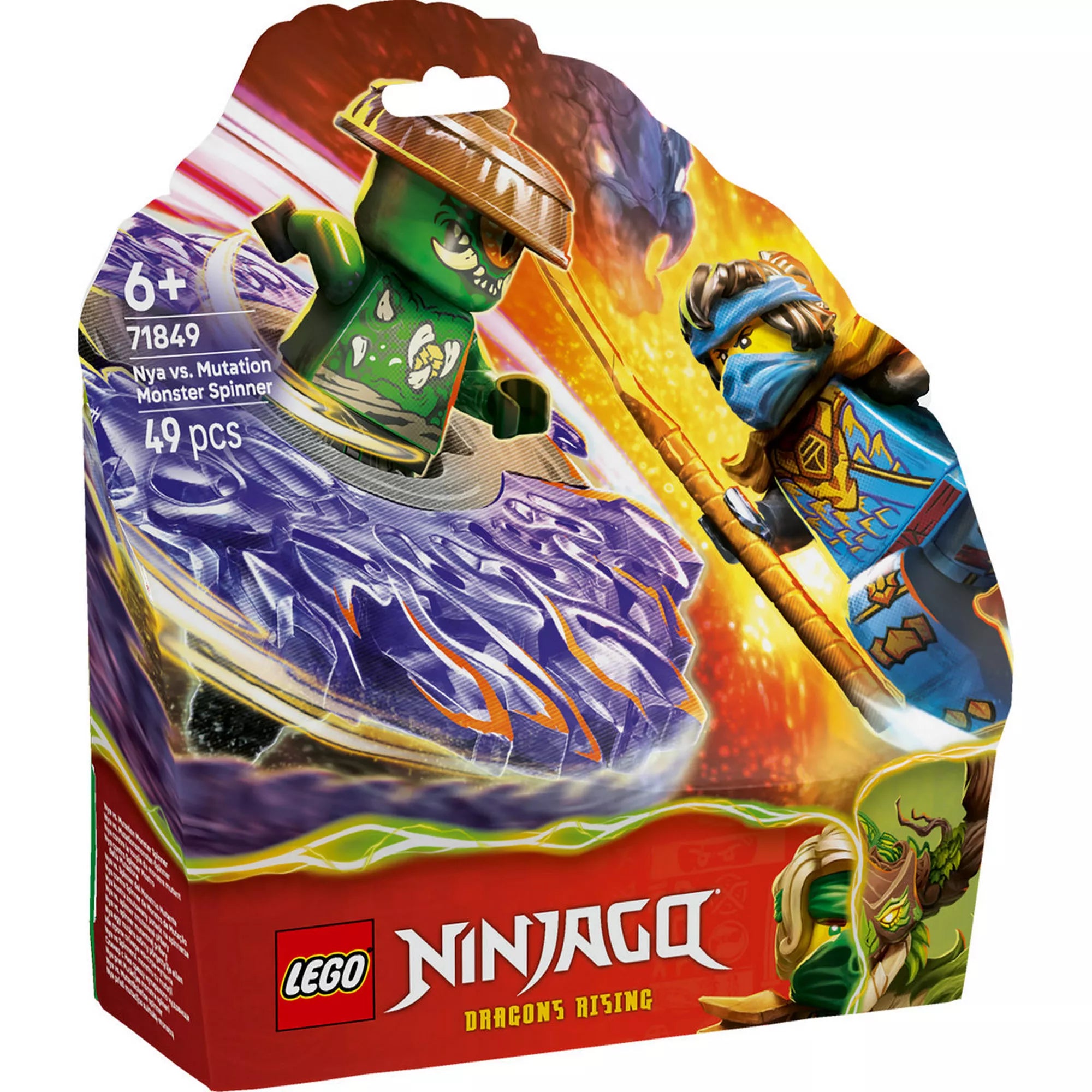 LEGO NINJAGO Dragons Rising 71849 Nya vs. Mutation Monster Spinner készlet doboza, pörgettyűs csatajelenettel és minifigurákkal.