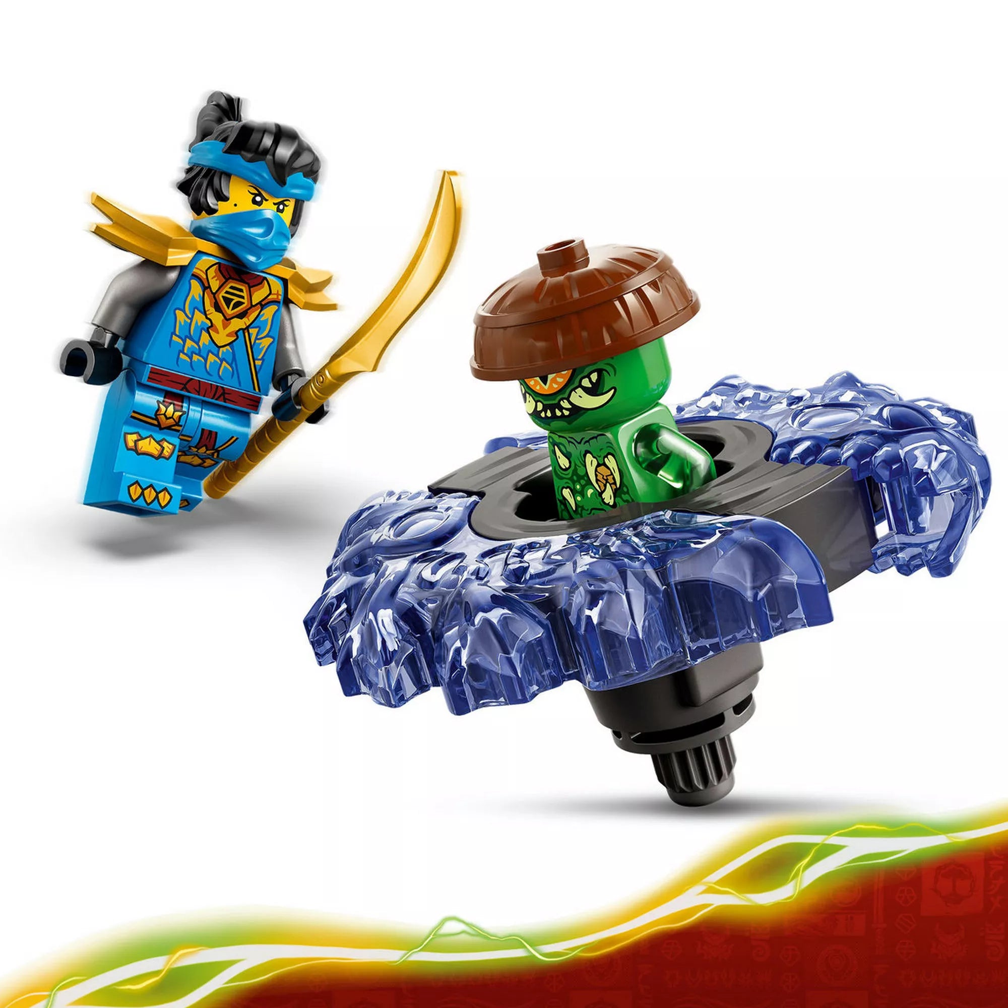 LEGO NINJAGO 71849 Nya minifigura és a Mutációs Szörny pörgettyűje, részletgazdag nyomtatással.