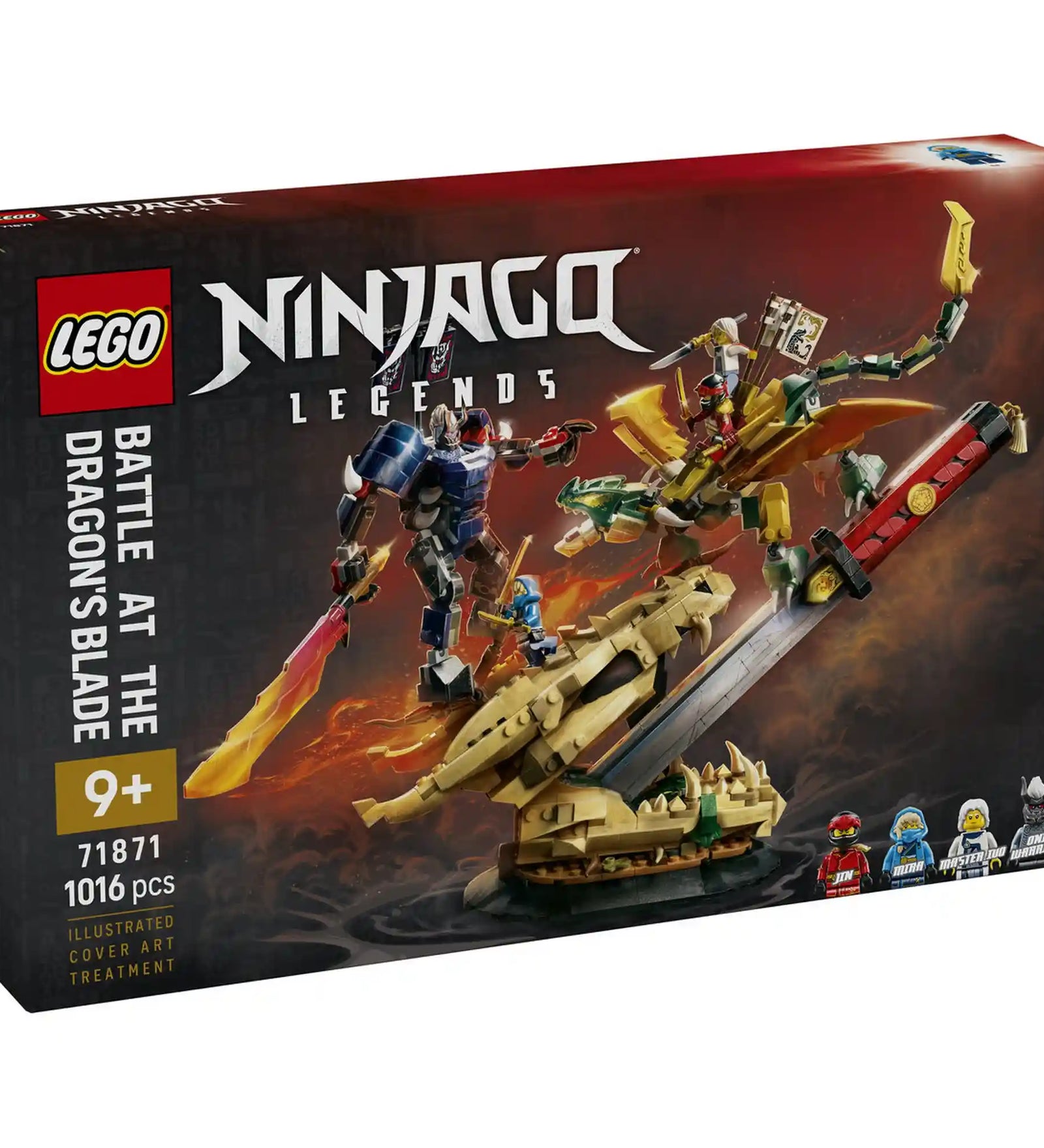 LEGO NINJAGO Legends Összecsapás a Sárkány Kardjánál 71871 készlet dobozképe a sárkány és Oni robot epikus összecsapását ábrázoló grafikával.