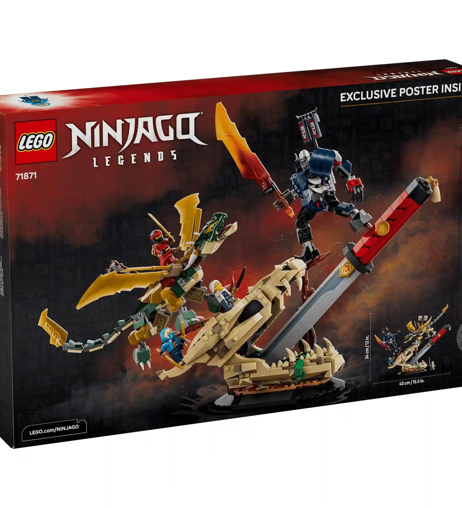 LEGO NINJAGO Legends Összecsapás a Sárkány Kardjánál 71871 készlet hátoldali dobozképe, amely a modell funkcióit, méreteit és kiállítási lehetőségeit mutatja be.