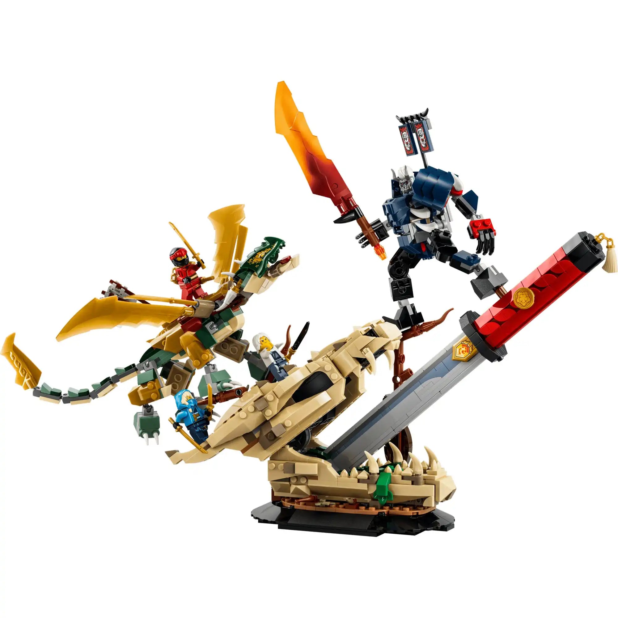 LEGO NINJAGO Összecsapás a Sárkány Kardjánál 71871 készlet látványos csatajelenettel, mozgatható sárkánnyal, Oni harcos robottal, hatalmas katanával és négy minifigurával fehér háttéren.
