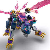 LEGO Ninjago: Rontu, a sárkánymester (71842) részletes, mozgatható sárkányfigura közelről, rózsaszín szárnyakkal és arany karmokkal.