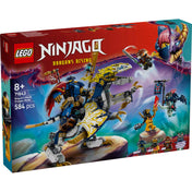  LEGO NINJAGO 71843 Rogue gépmechje és sárkánylovasa dobozkép, látványos háttérrel, a főhősök és a 584 elemes készlet tartalmának illusztrációjával.
