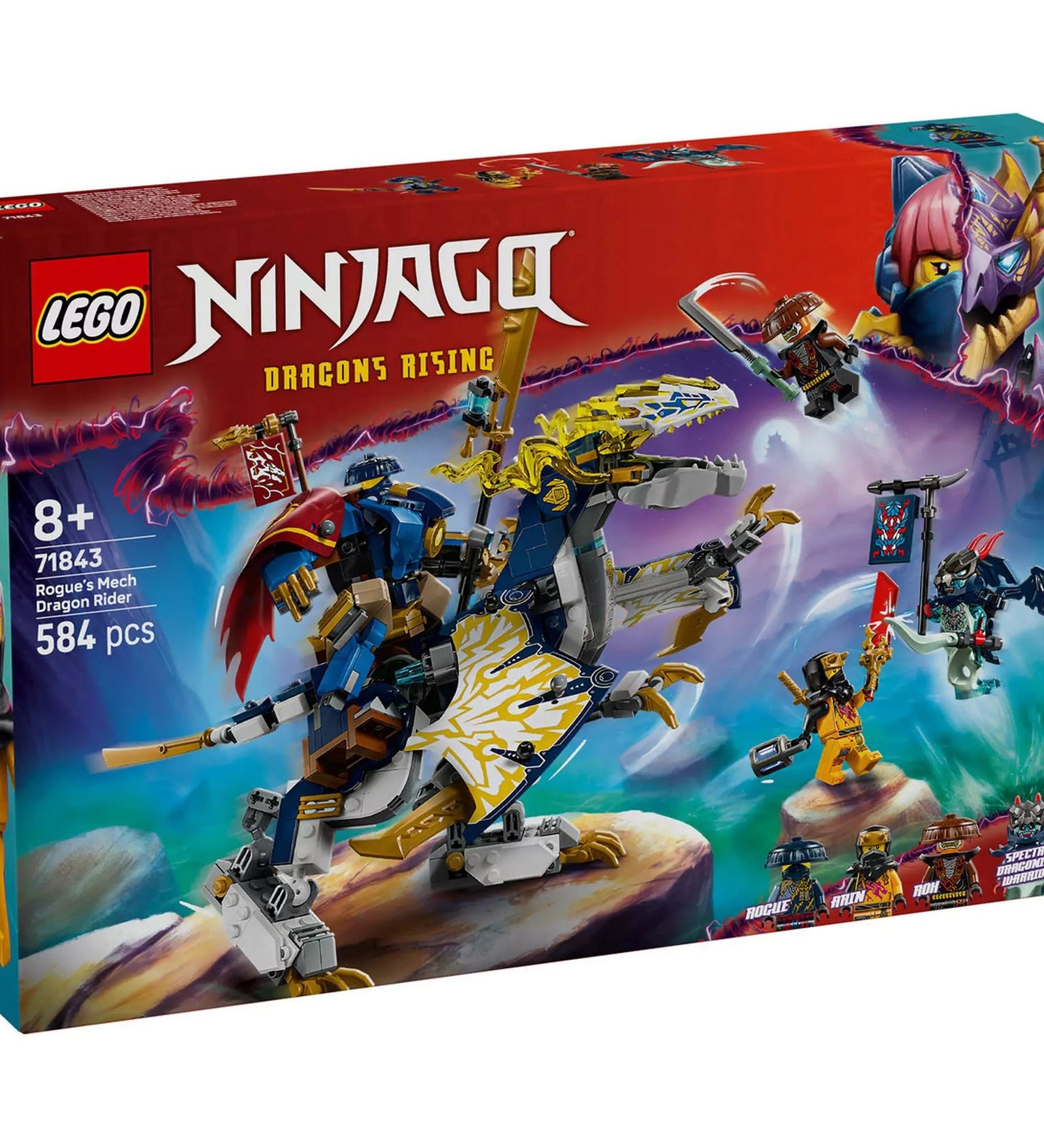  LEGO NINJAGO 71843 Rogue gépmechje és sárkánylovasa dobozkép, látványos háttérrel, a főhősök és a 584 elemes készlet tartalmának illusztrációjával.