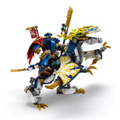  A LEGO NINJAGO 71843 Rogue gépmechje és sárkánylovasa teljesen összeépített modellje, részletesen kidolgozott kék-arany sárkánnyal és lovasával.