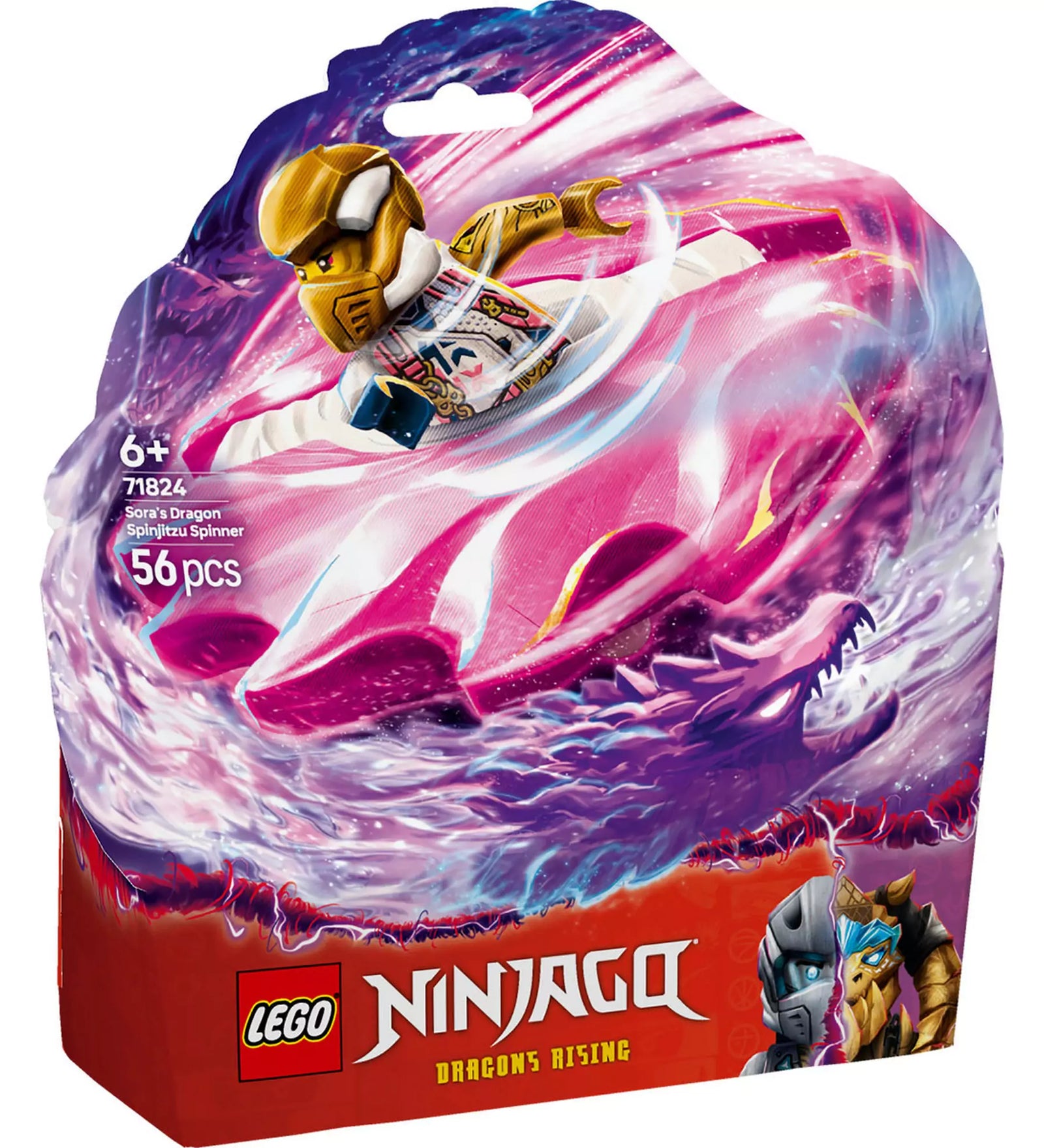 A LEGO Ninjago Sora sárkány Spinjitzu pörgettyűje 71824 szett lenyűgöző csomagolása és látványos dizájnja.