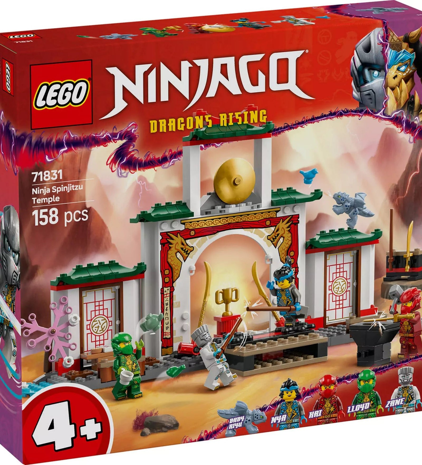 LEGO Ninjago Spinjitzu nindzsatemplom 71831 dobozának elülső oldala, izgalmas grafikával és a készlet tartalmával.