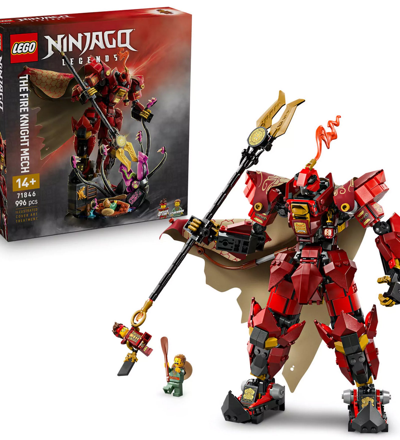 LEGO Ninjago: Tűzlovag harci robot 71846 dobozzal és teljes jelenettel, Kai minifigurával és halász karakterrel együtt.