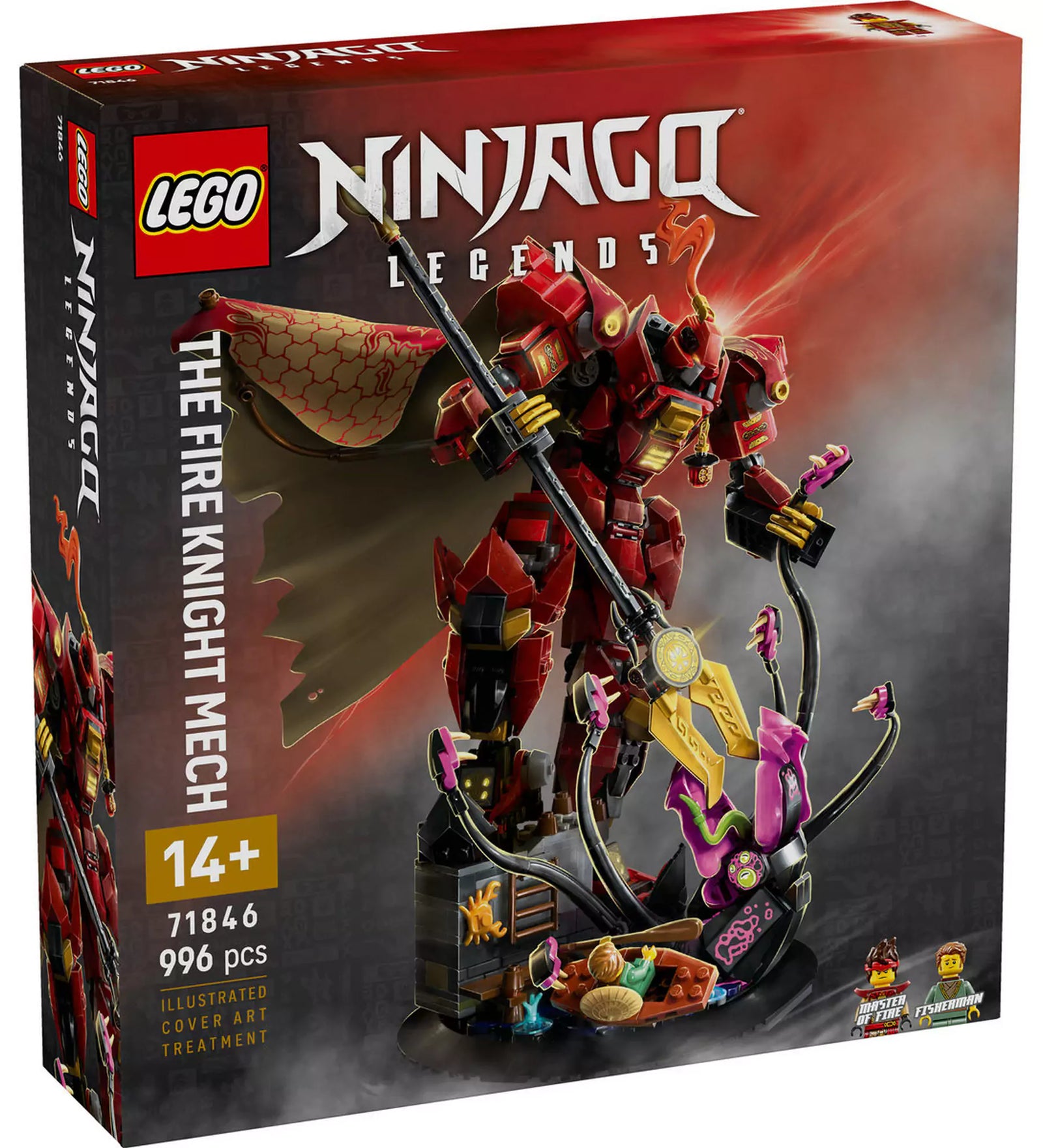 LEGO Ninjago: Tűzlovag harci robot 71846 dobozkép, vörös páncélos robot lándzsával és köpenyben, tengerből támadó szörnnyel szemben.