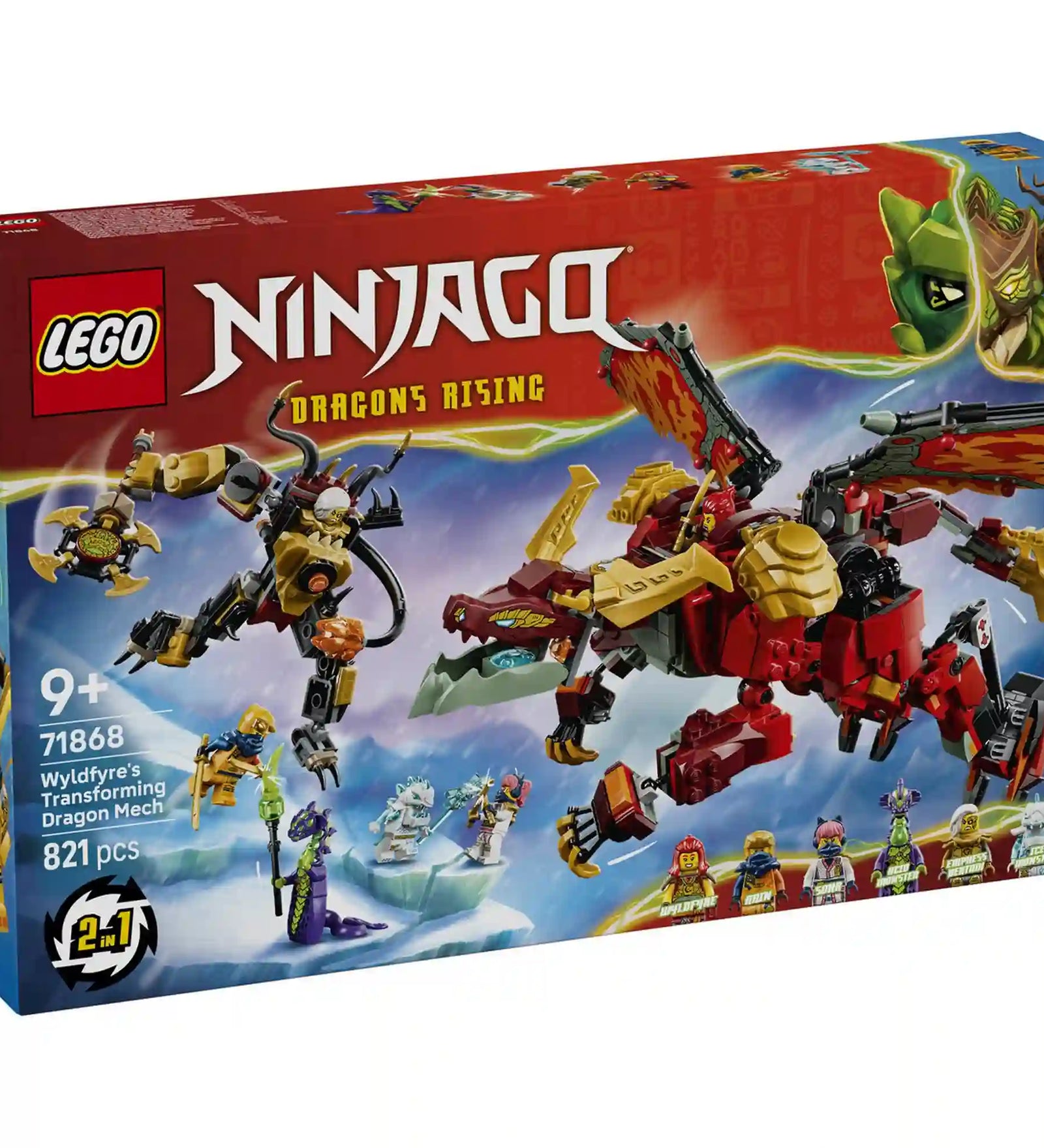LEGO NINJAGO Dragons Rising Wyldfyre átalakuló sárkányrobotja 71868 készlet dobozképe a 2 az 1-ben 