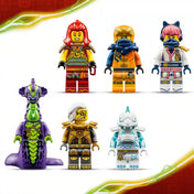 LEGO NINJAGO 71868 készlet minifigurái: Wyldfyre, Arin, Sora, Beatrix császárnő, Jégszörny és Maró szörny részletgazdag felszerelésekkel.