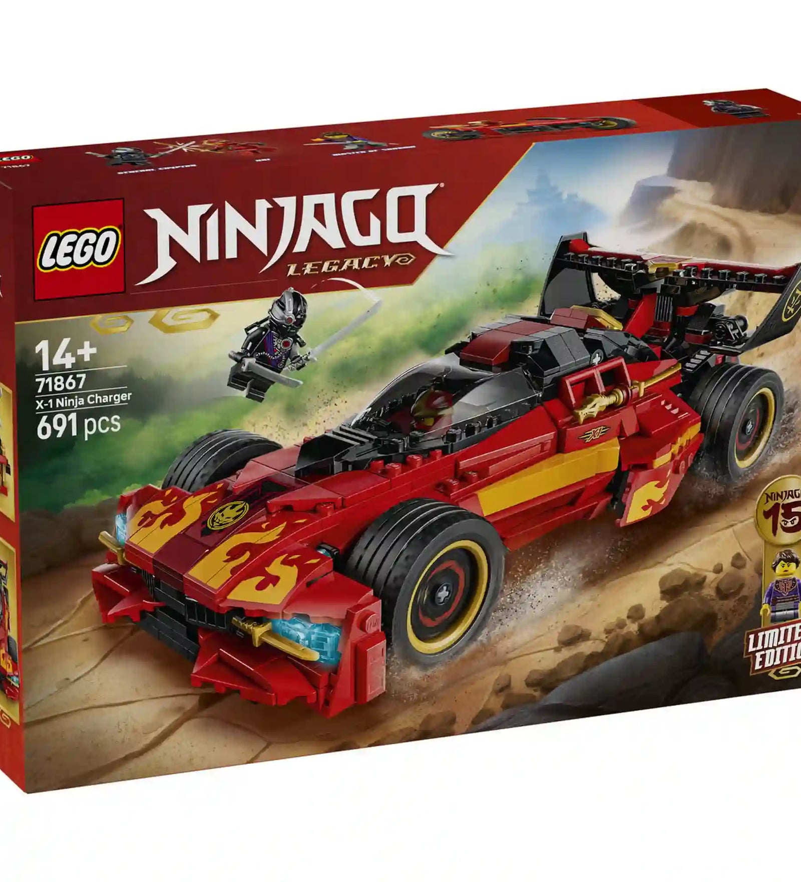 LEGO NINJAGO Legacy X-1 Nindzsa csatagép 71867 jubileumi készlet dobozképe vörös versenyautóval és exkluzív minifigurákkal.