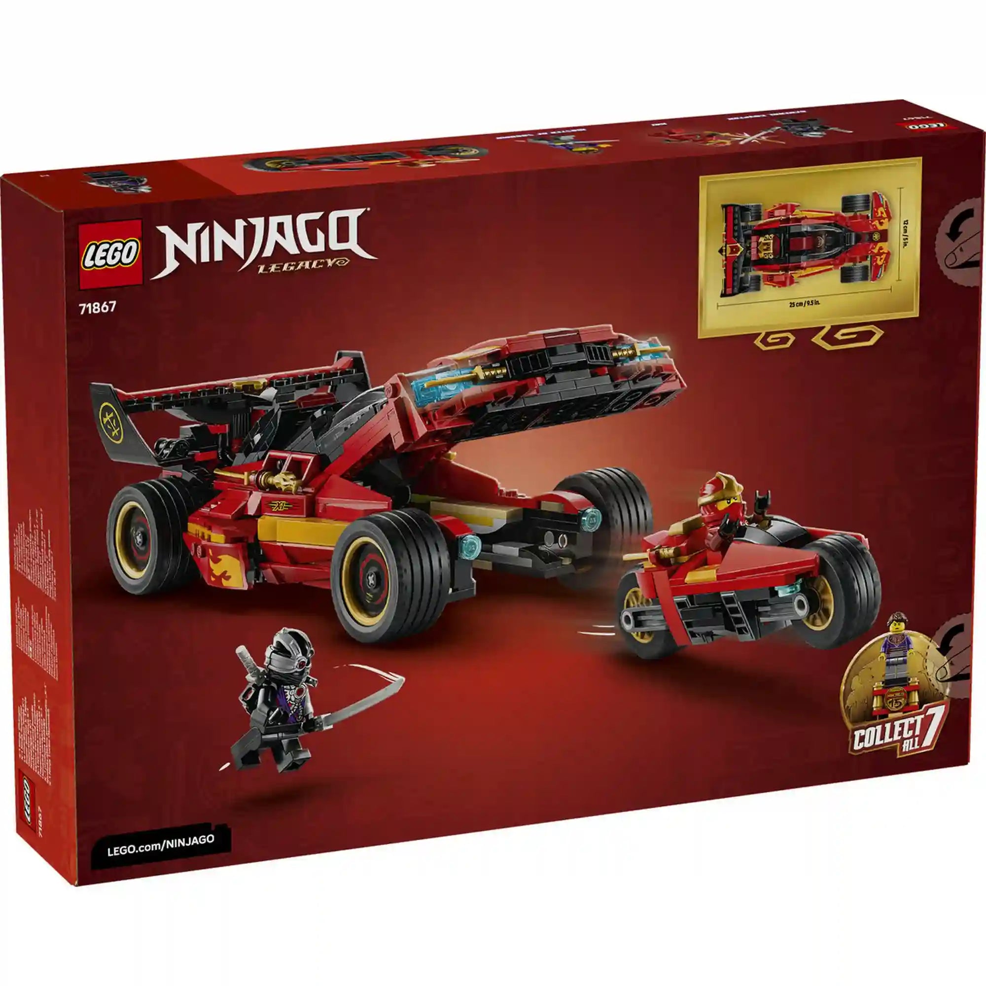LEGO NINJAGO X-1 Nindzsa csatagép 71867 hátoldali dobozképe, amely bemutatja a rejtett motorkerékpár-funkciót és a modell részleteit.