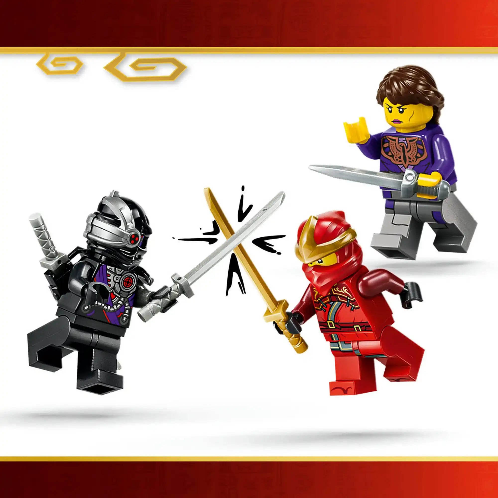 LEGO NINJAGO 71867 készlet minifigurái kardpárbaj közben: Kai, Cryptor tábornok és az Árnyékmester harci jelenetben.
