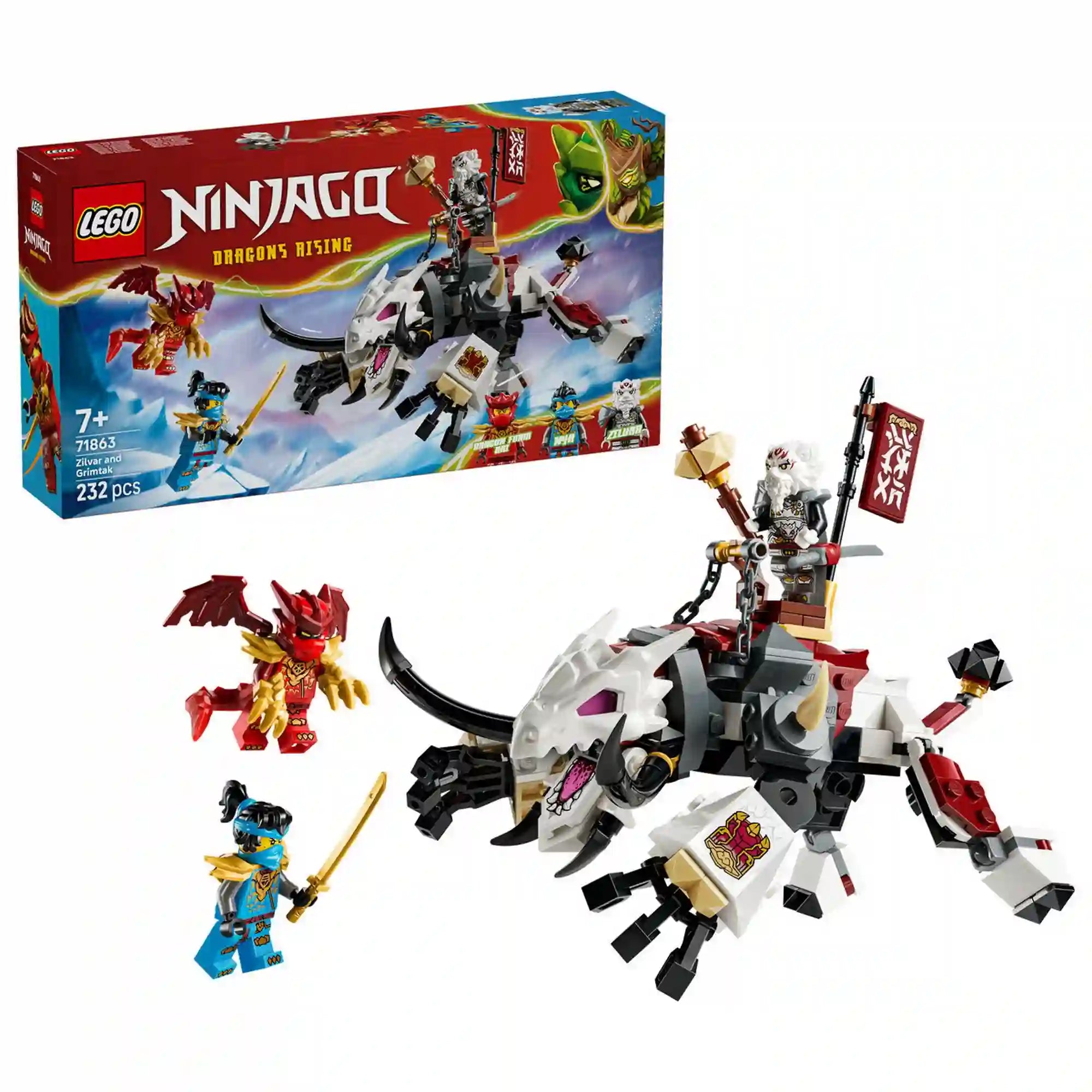 LEGO NINJAGO Zilvar és Grimtak, a sárkányszörny 71863 készlet teljes tartalma a dobozzal együtt, három minifigurával és mozgatható szörnyfigurával.