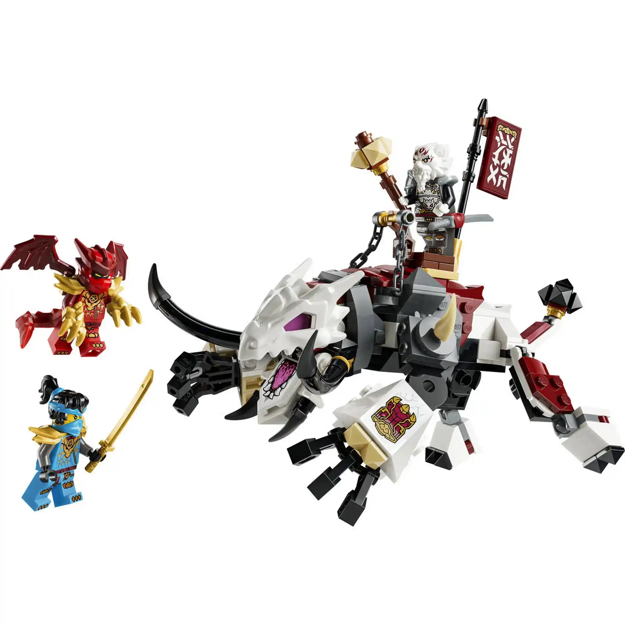 LEGO NINJAGO 71863 Grimtak sárkányszörny megépített modellje három minifigurával, köztük Nyával, Kai sárkányformájával és Zilvar harcossal.
