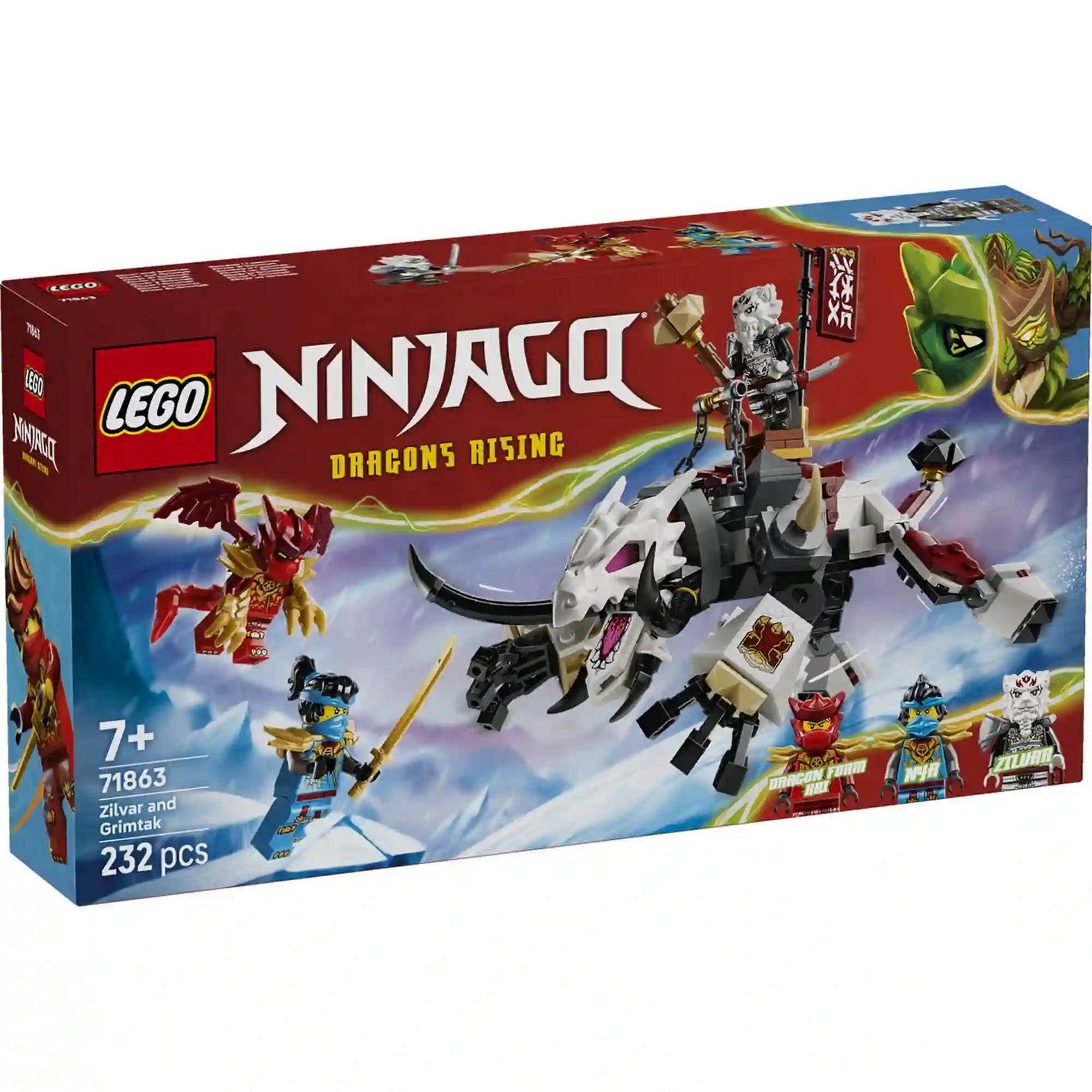 LEGO NINJAGO Zilvar és Grimtak, a sárkányszörny 71863 készlet doboza, a Dragons Rising sorozat akciódús jelenetével, Nya, Kai és Zilvar minifigurákkal.