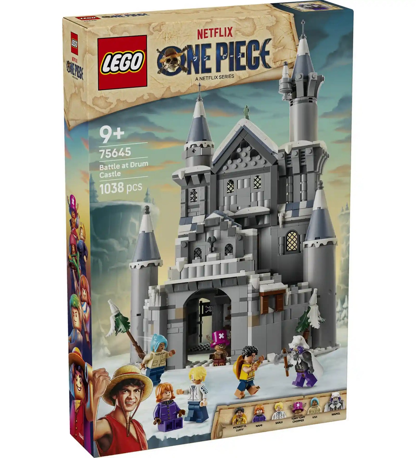 A LEGO ONE PIECE: Csata a Drum kastélynál 75645 dobozának eleje a 1038 darabos kastéllyal és a készlet szereplőivel.