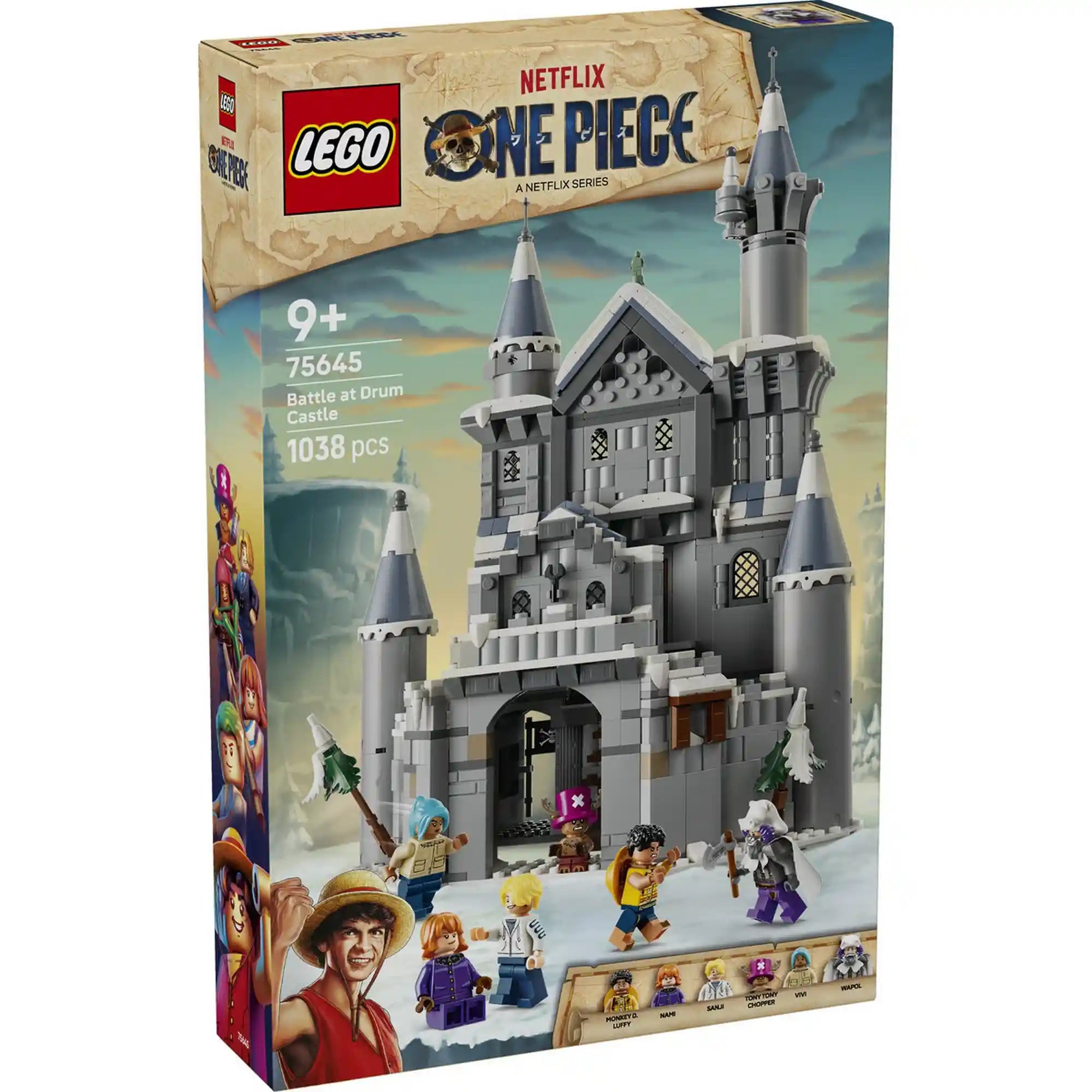 A LEGO ONE PIECE: Csata a Drum kastélynál 75645 dobozának eleje a 1038 darabos kastéllyal és a készlet szereplőivel.