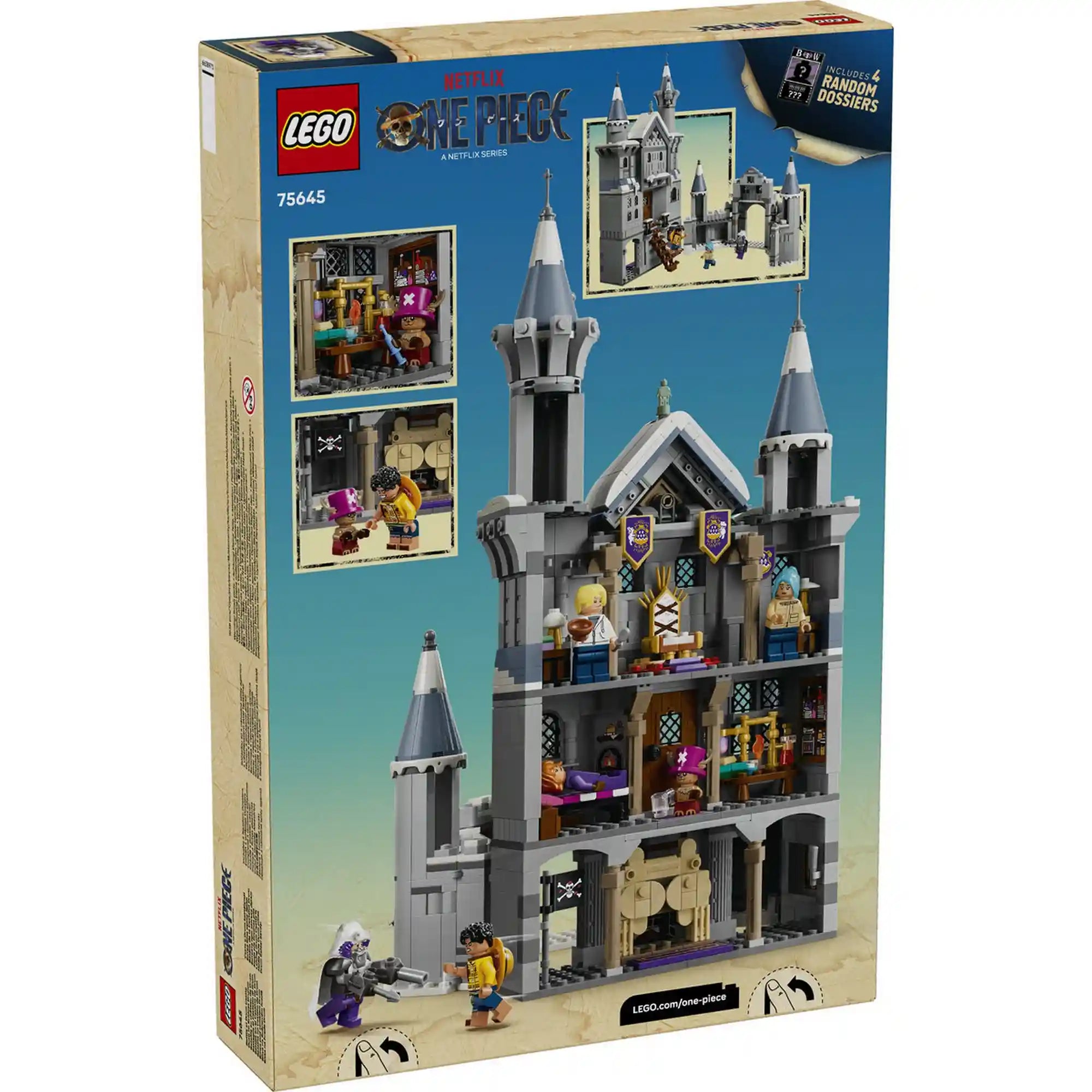A LEGO ONE PIECE: Csata a Drum kastélynál 75645 dobozának hátoldala, amely bemutatja a kastély belső helyiségeit és játéklehetőségeit.