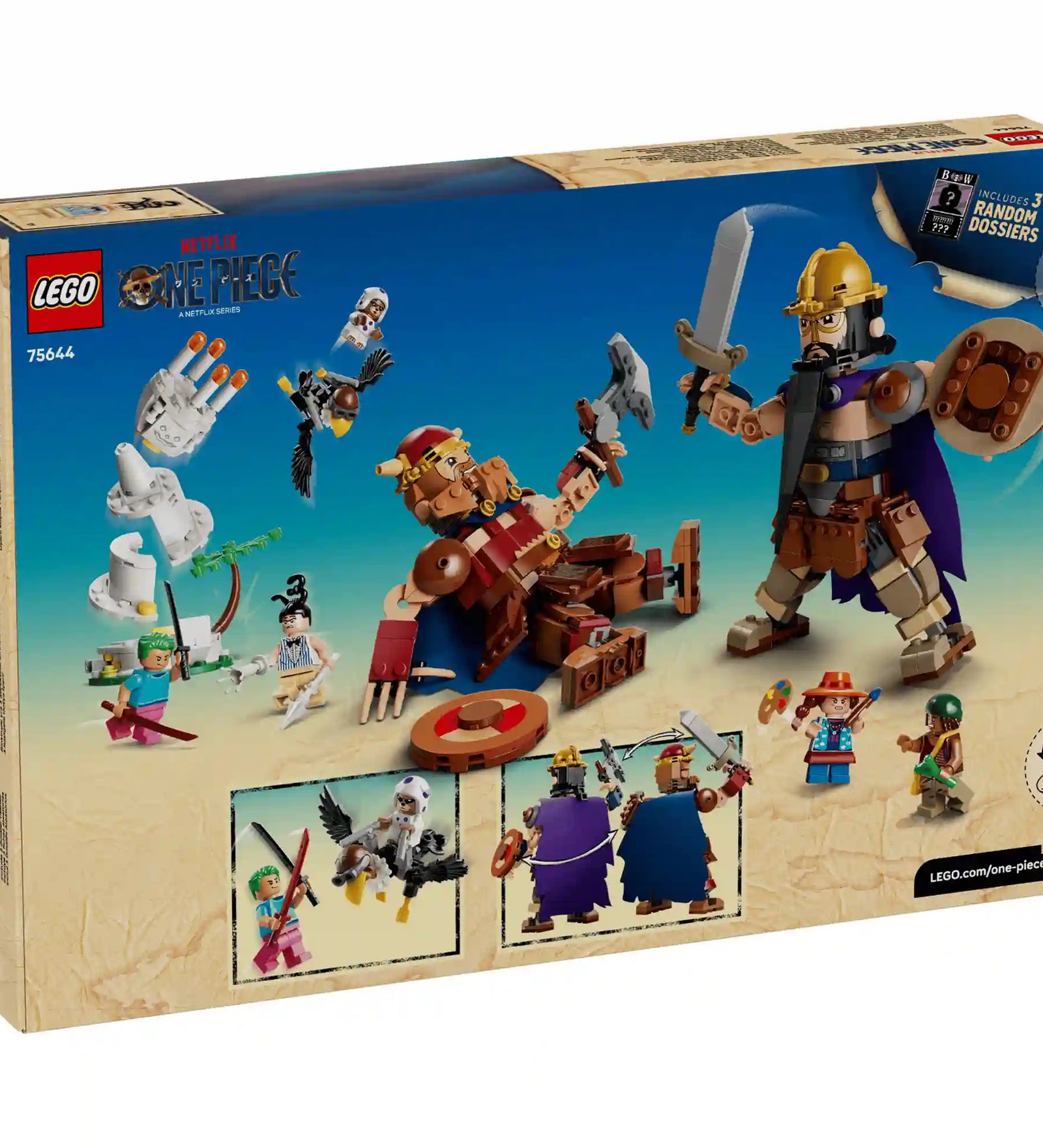 A LEGO ONE PIECE Dorry vs. Brogy – A Kicsi Kert óriásai 75644 készlet hátoldala a funkciók és a játéklehetőségek bemutatásával.