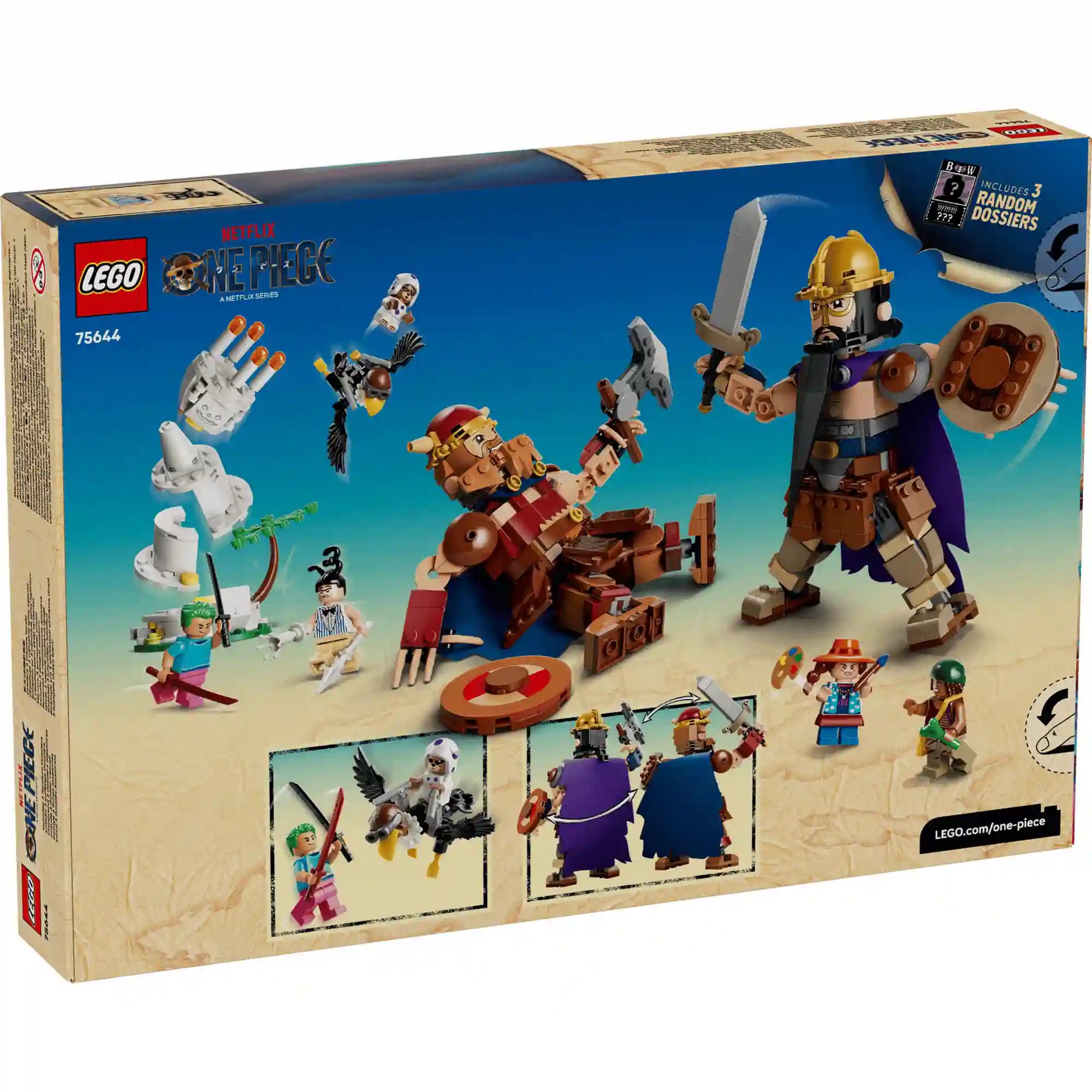 A LEGO ONE PIECE Dorry vs. Brogy – A Kicsi Kert óriásai 75644 készlet hátoldala a funkciók és a játéklehetőségek bemutatásával.