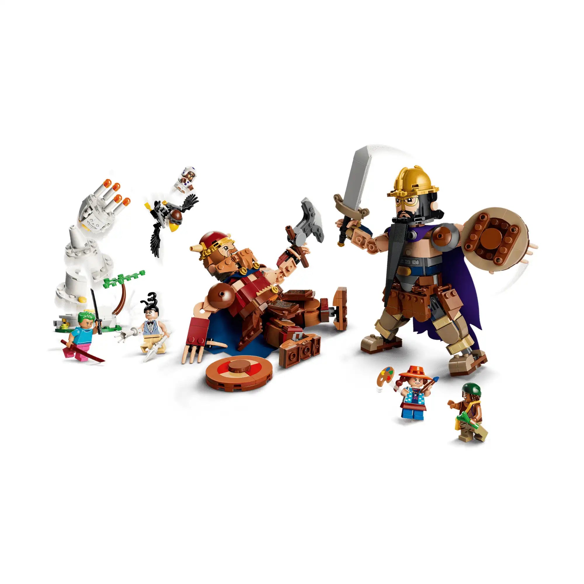 A LEGO ONE PIECE Dorry vs. Brogy – A Kicsi Kert óriásai 75644 készlet teljes összeállítása az óriásokkal, minifigurákkal és kiegészítőkkel.