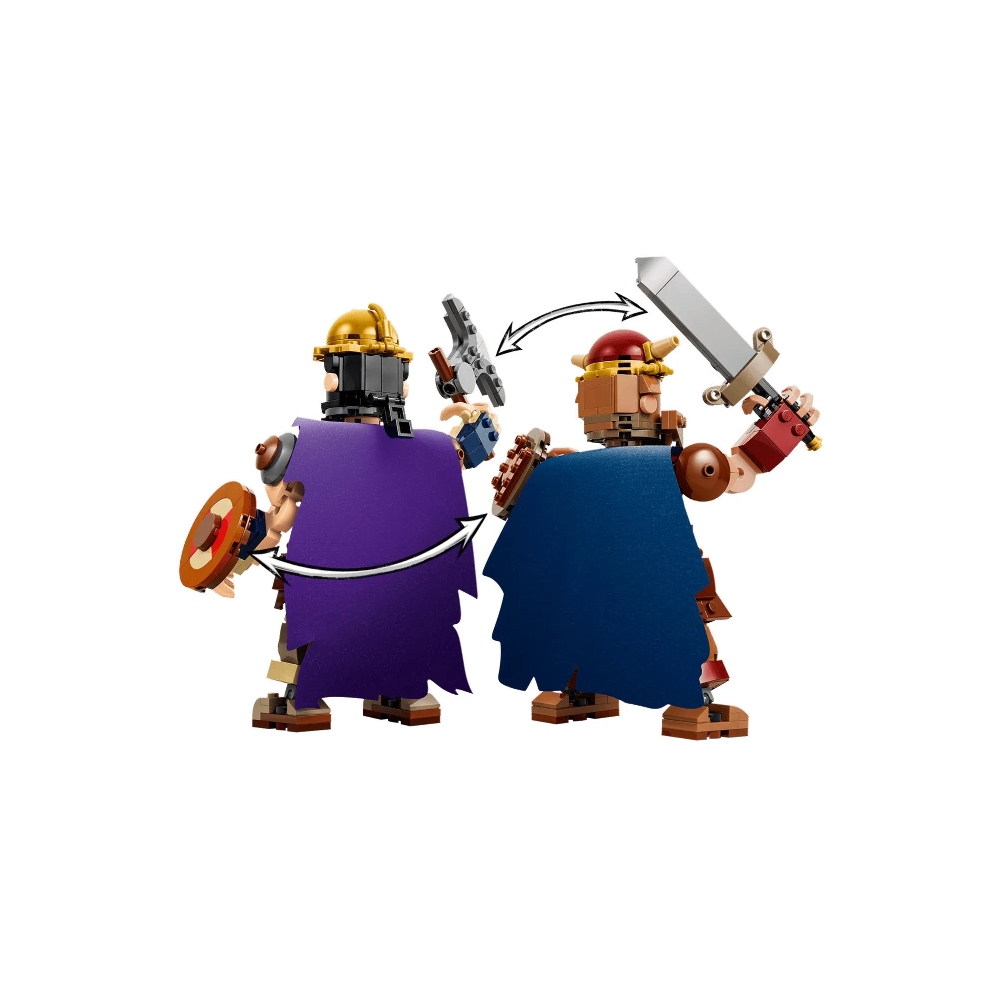 A LEGO ONE PIECE Dorry és Brogy óriásfigurák hátoldala, mozgatható végtagokkal és szövetköpenyekkel.
