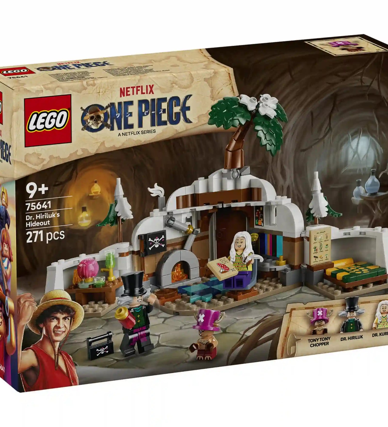 A LEGO One Piece: Dr. Hiriluk rejtekhelye 75641 dobozának eleje a ONE PIECE szereplőivel és a 271 darabos készlettel.