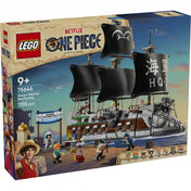 A LEGO ONE PIECE: Garp tengeri csatahajója 75646 dobozának eleje a 1705 darabos készlettel, a hadihajóval és a Netflix One Piece sorozat szereplőivel.