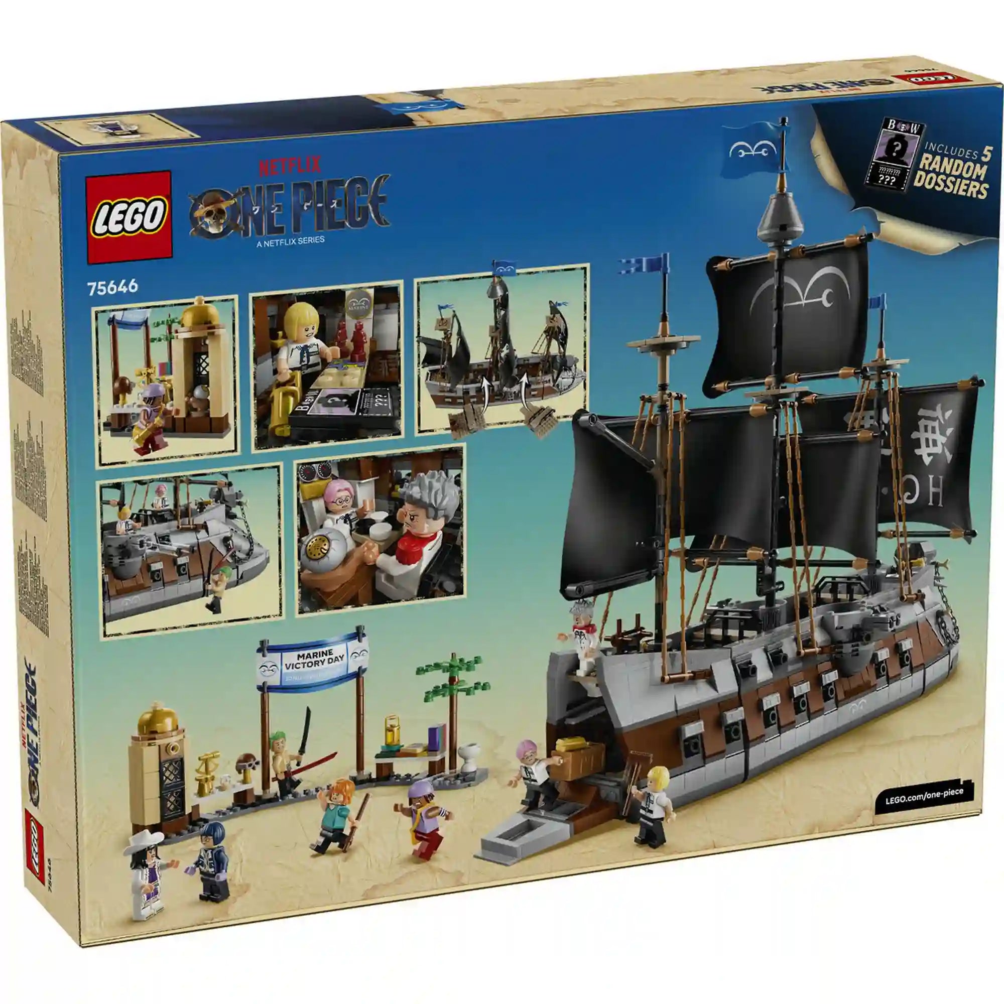 A LEGO ONE PIECE: Garp tengeri csatahajója 75646 készlet hátoldala, amely bemutatja a hajó belső tereit, játéklehetőségeit és a különböző jeleneteket.