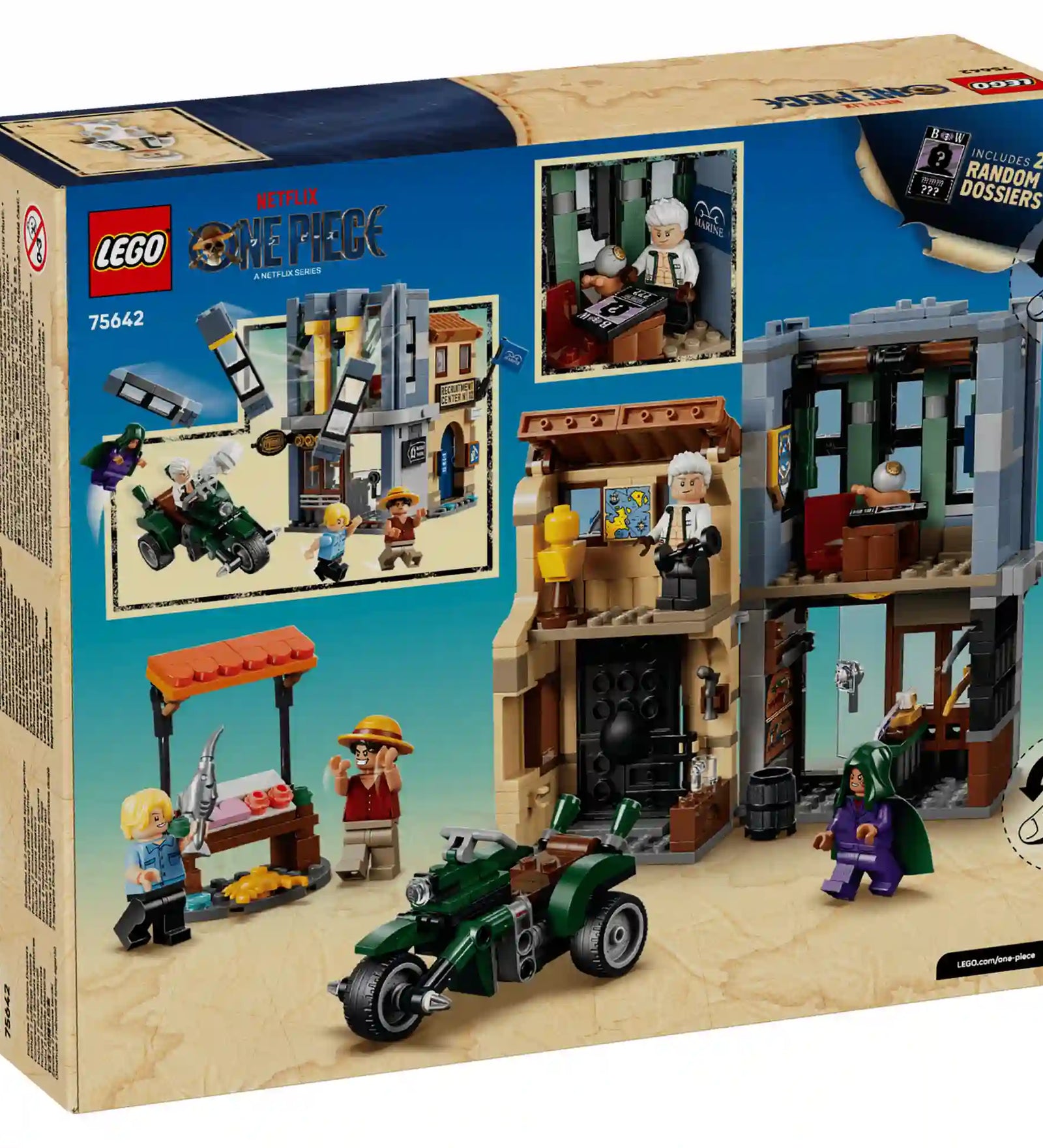 A LEGO ONE PIECE 75642 készlet hátoldala a nyitható épületekkel, rejtett funkciókkal és játéklehetőségekkel.