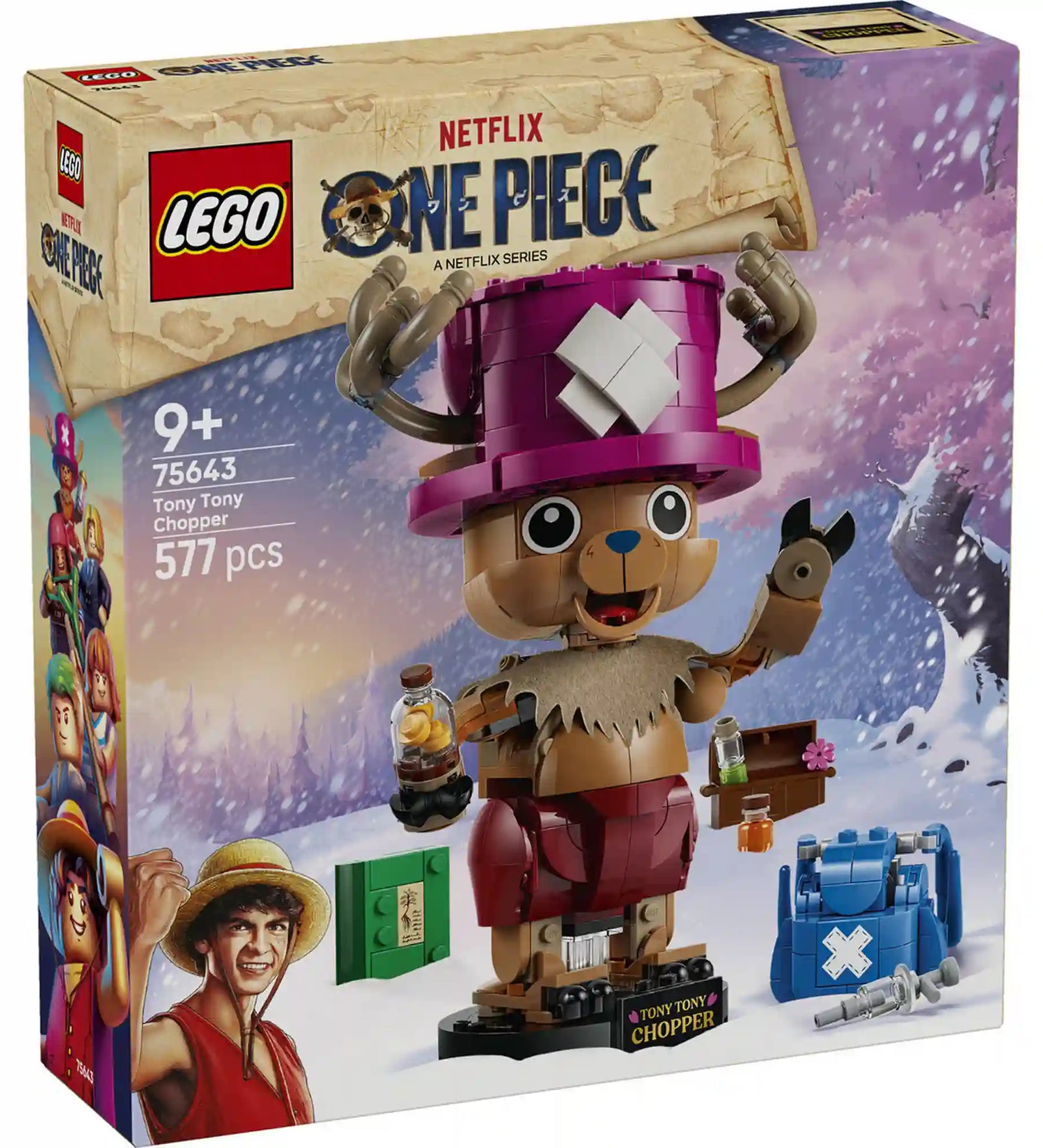 LEGO ONE PIECE Tony Tony Chopper 75643, 577 darabos építőkészlet doboza.