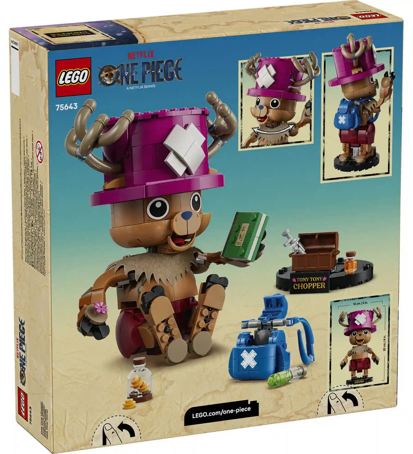 A LEGO ONE PIECE Tony Tony Chopper 75643 építőkészlet dobozának hátoldala a funkciók és a kiegészítők bemutatásával.