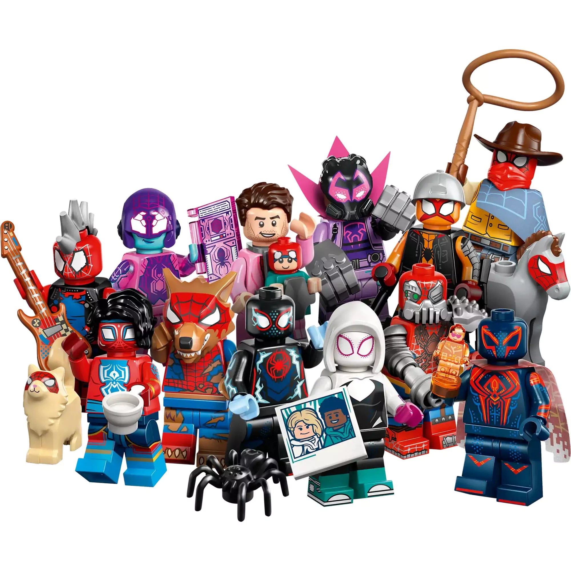 A LEGO Pókember: A Pókverzumon át sorozat 12 gyűjthető minifigurája, változatos karakterekkel és egyedi kiegészítőkkel.