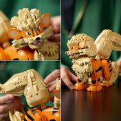 A LEGO Pokémon: Arcanine 72160 részletképei, amelyek bemutatják Arcanine fejét, mozgatható farkát és oldalnézetét.
